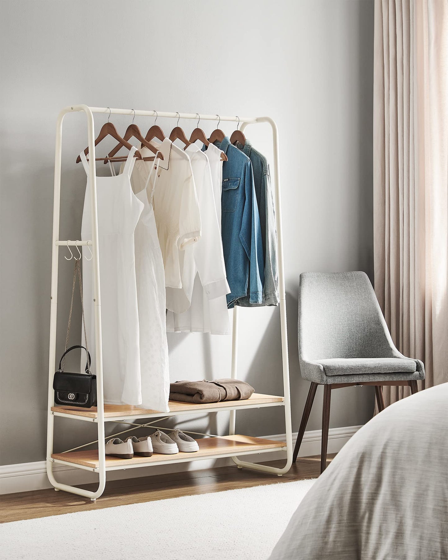 VASAGLE Clothes Rail, Clothes Rack with 2 Shelves, 6 S-Shaped Hooks, Steel Frame, for Bedroom, Oak and Cream White RGR112W09