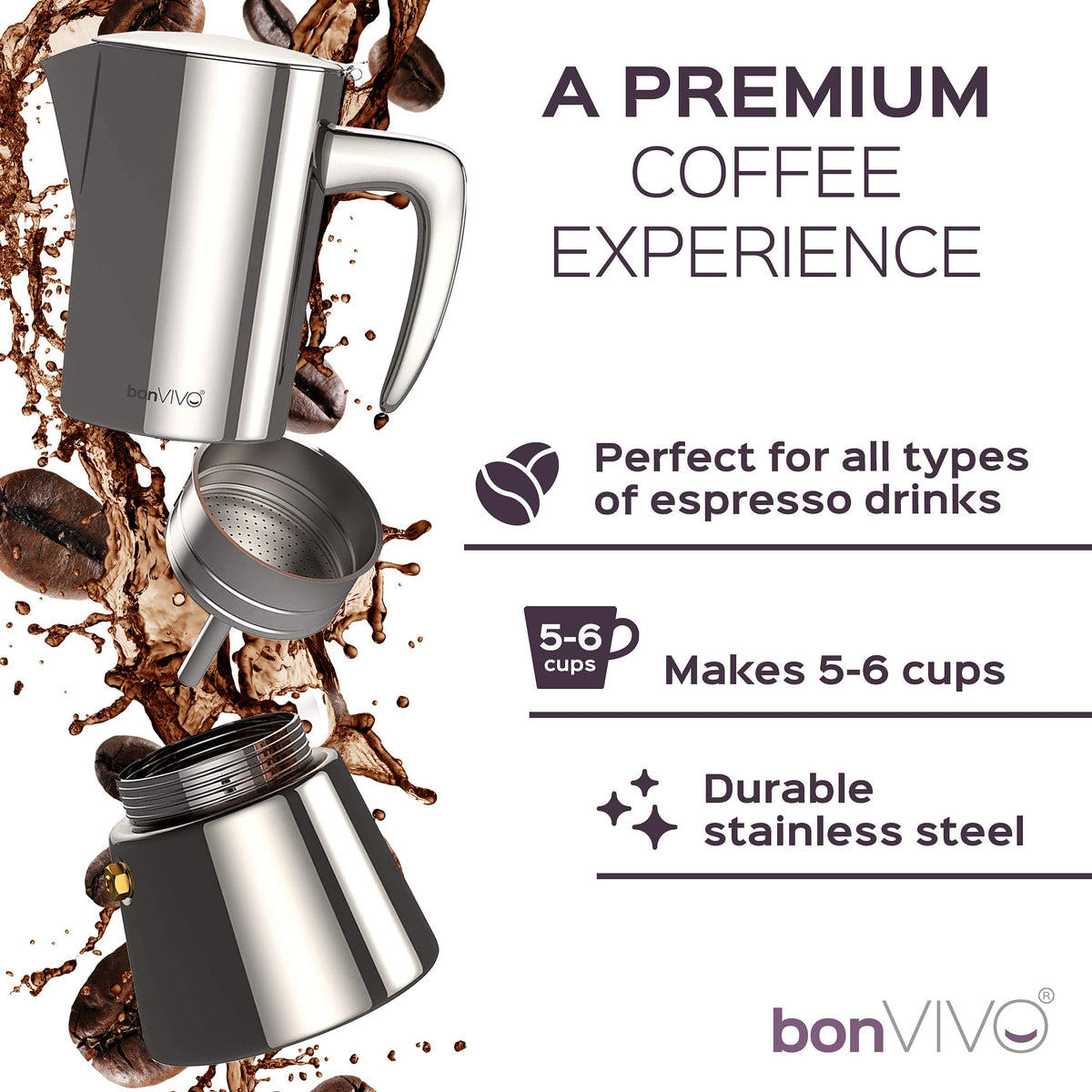 bonVIVO Moka Pot - Intenca, 300ml, Stainless Steel Espresso Maker w/Silver Chrome Finish - Stove Top Italian Coffee Maker - 6 Cup Coffee Pot - Gifts