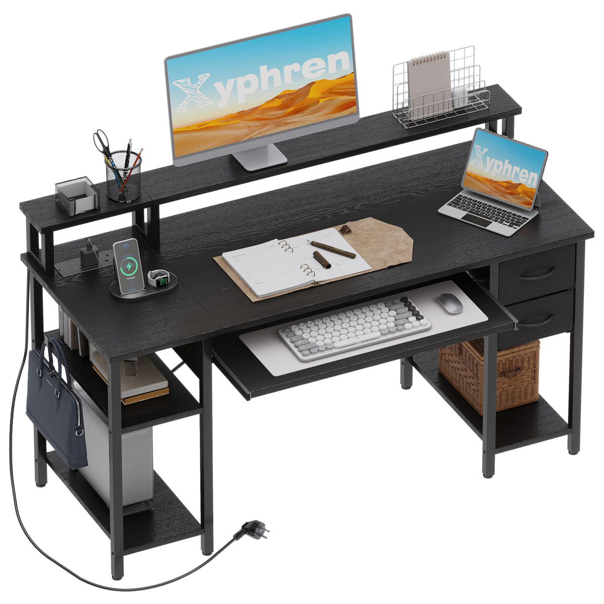 Xyphren Computer Desk with Drawers, Office Desk with Keyboard Tray with Power Outlet & Monitor Stand