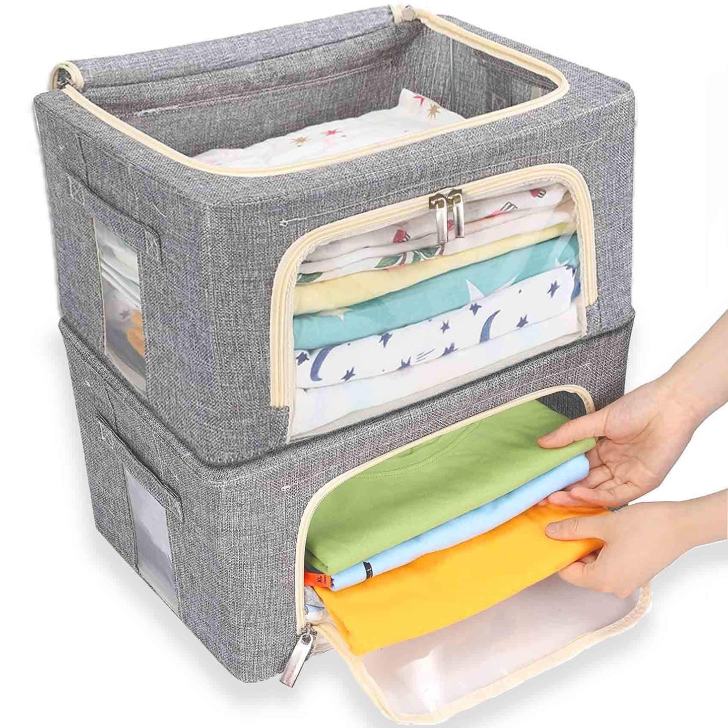 WUPYE Storage Box with Lid, Foldable Storage Cubes with Metal Frame, Storage Boxes with Clear Window Zippers & Doors