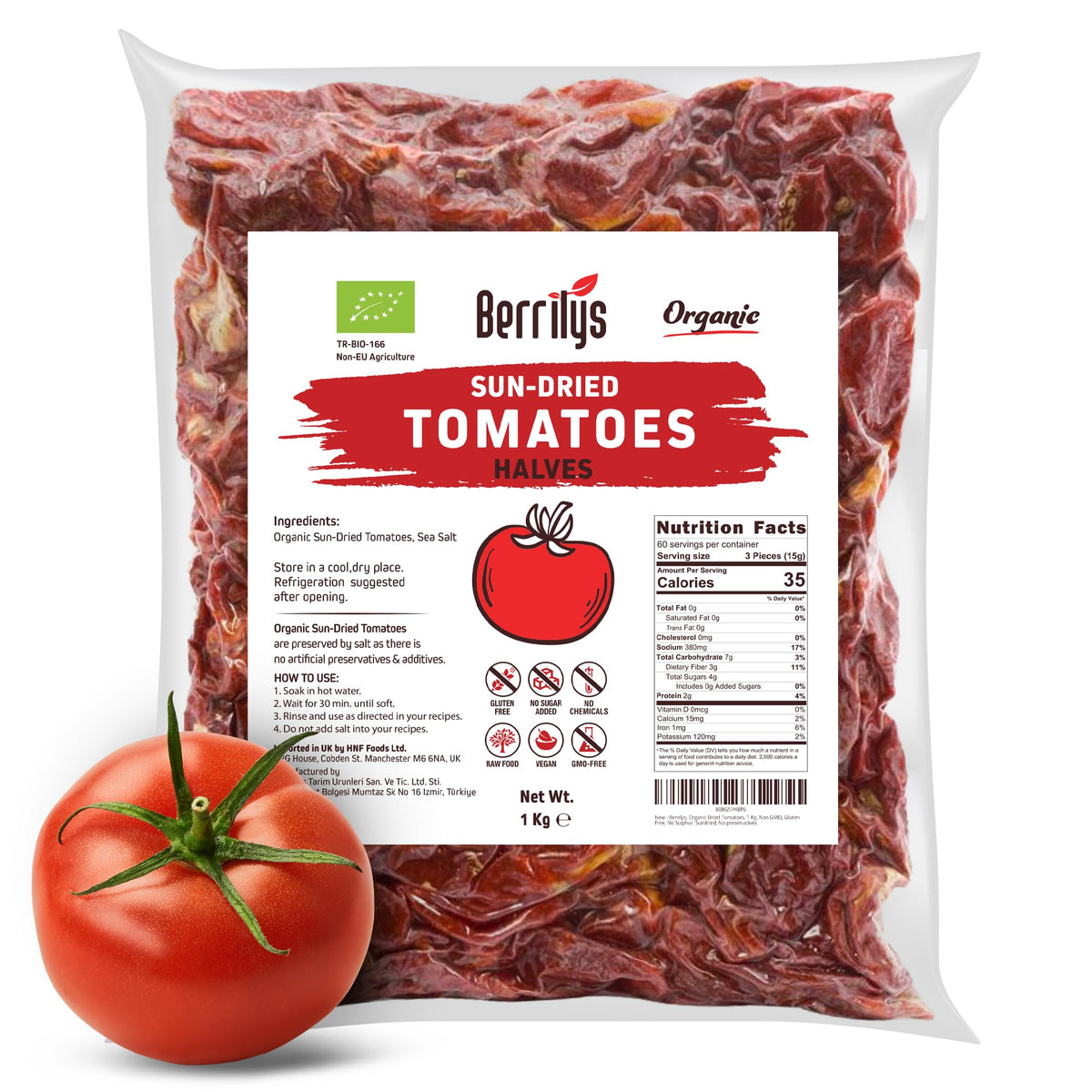 Berrilys Organic Sun Dried Tomatoes, Non-GMO, Gluten-Free, No Sulphur, No Preservatives, Sun Blushed, Dry Tomato, Natural, Ideal for Cooking &