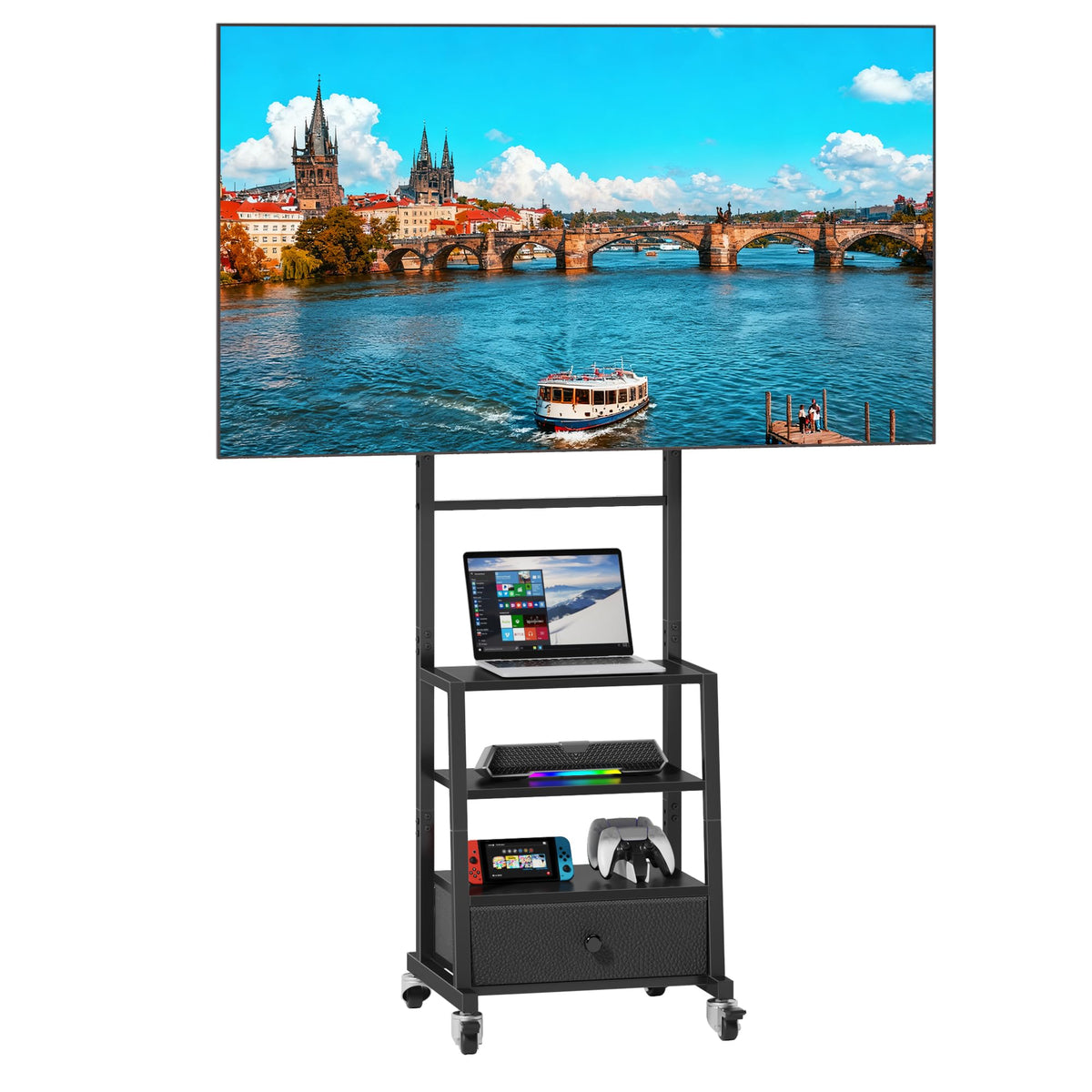 OYRREU Rolling TV Stand on Wheels with Mount and Storage Fabric Drawer for 32-55 Inches TV, Adjustable Height TV Stand for Livingroom, Bedroom,