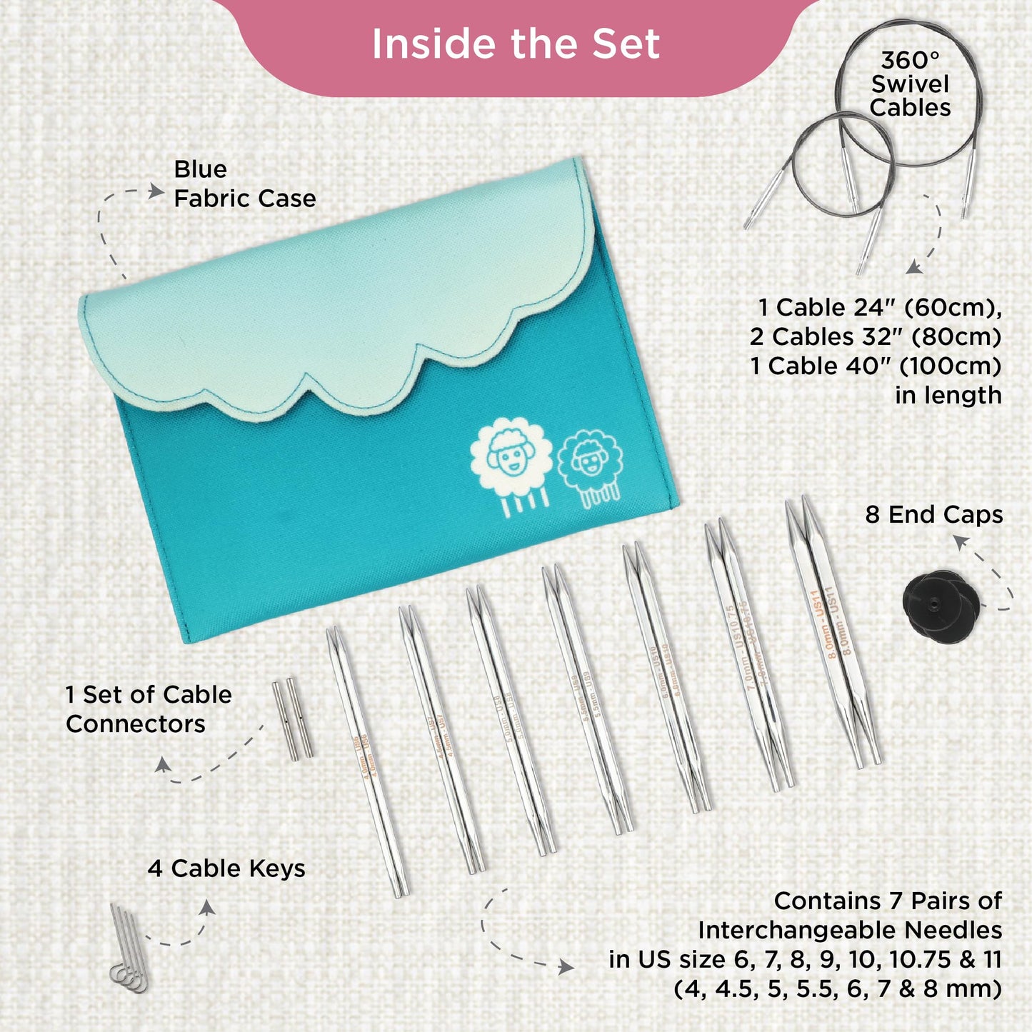 KnitPro Interchangeable Circular Knitting Needle Tips Deluxe Set - Nova Cubics (4.00-8.00mm), Silver