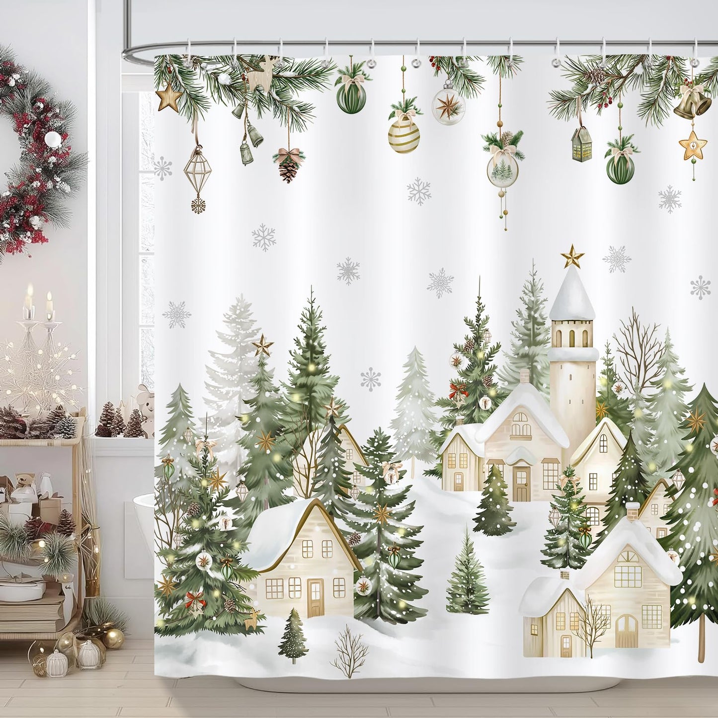 COZZSNUGE Farmhouse Christmas Shower Curtain, Snowy Xmas Village Cabin Pine Tree Winter Bathroom Curtain 180 x 180 cm, Water Repellent Mildew
