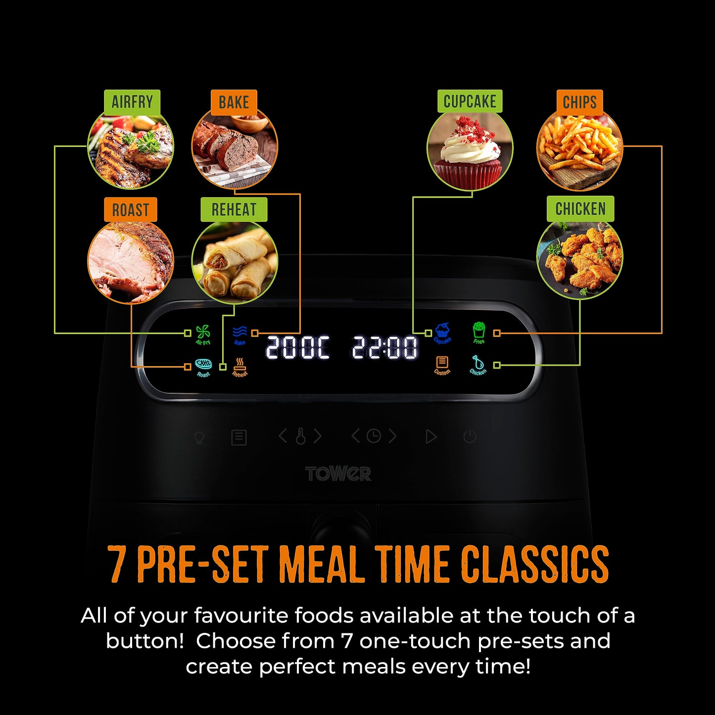 Tower, T17125, Vortx 3L Air Fryer with Colour Digital Display, Digital Control Panel & 7 One-Touch Pre-sets, 1300W, Black