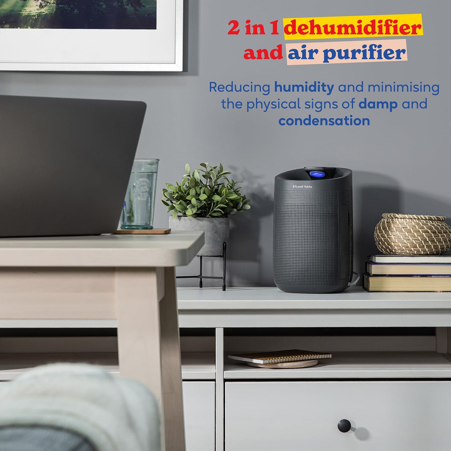 Russell Hobbs RHDH1101G Ozone Free, 750ml/day 2 in 1 Grey Dehumidifier/Air Purifier, 20m2 Room Size, LED Lighting & Captures Bacteria, for Home,