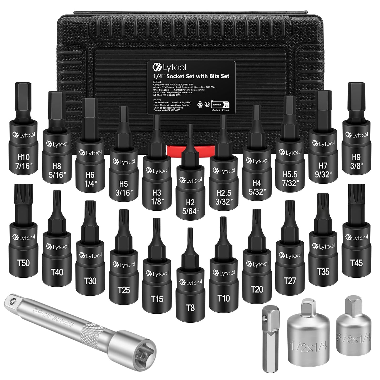Lytool Torx and HEX Bit Socket Set, 25PCS 1/4" Allen Key Star Sockets, 1/2" & 3/8" Drive Adaptor, for Torque Wrench, Ratchet Wrench, Power Drills