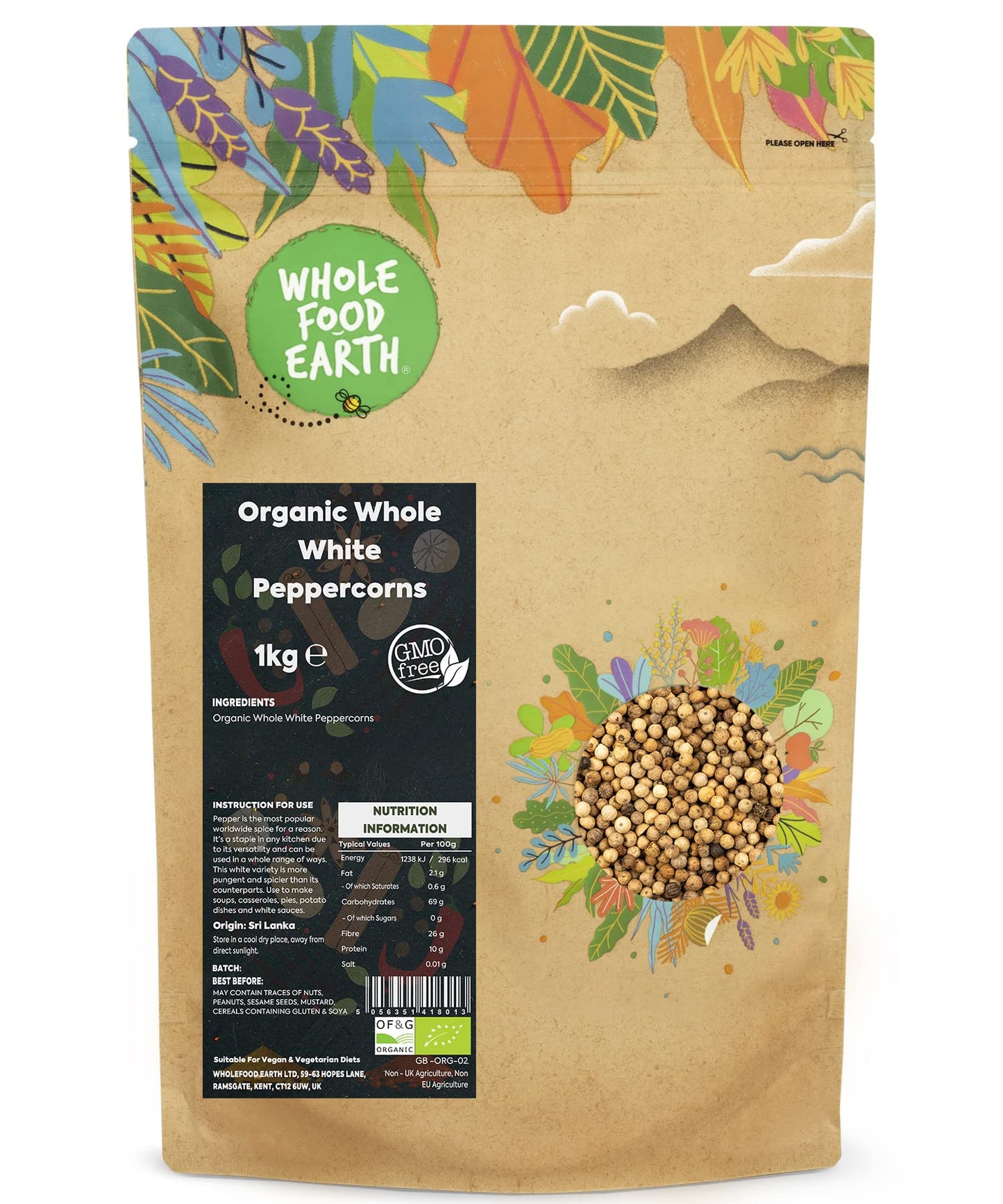 Wholefood Earth Organic Whole White Peppercorns 1 kg | GMO Free | Certified Organic