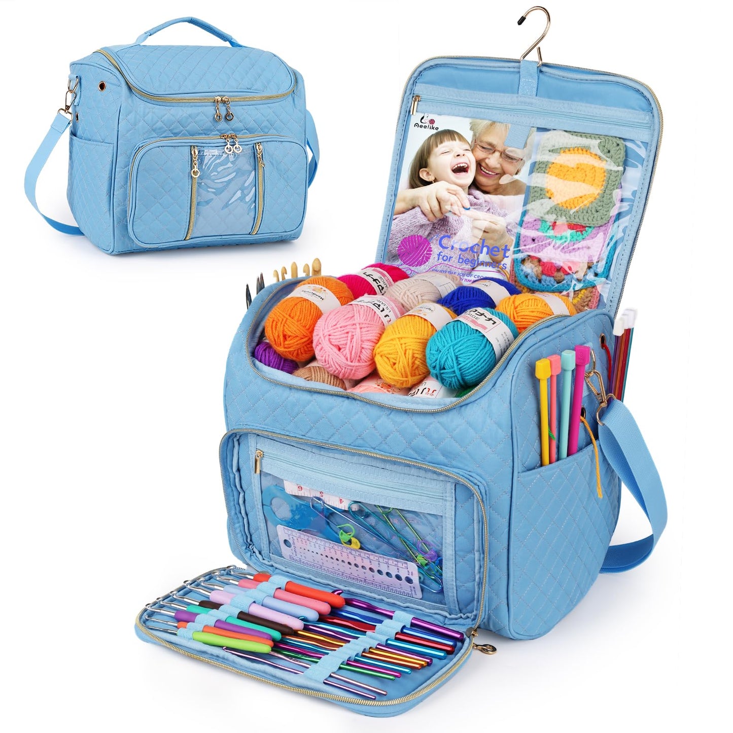 Aeelike Knitting Bag, Large Knitting and Crochet Bags for Wool and Needles Storage, Yarn Bag with Holes and Hanging Hook, Portable Crochet and