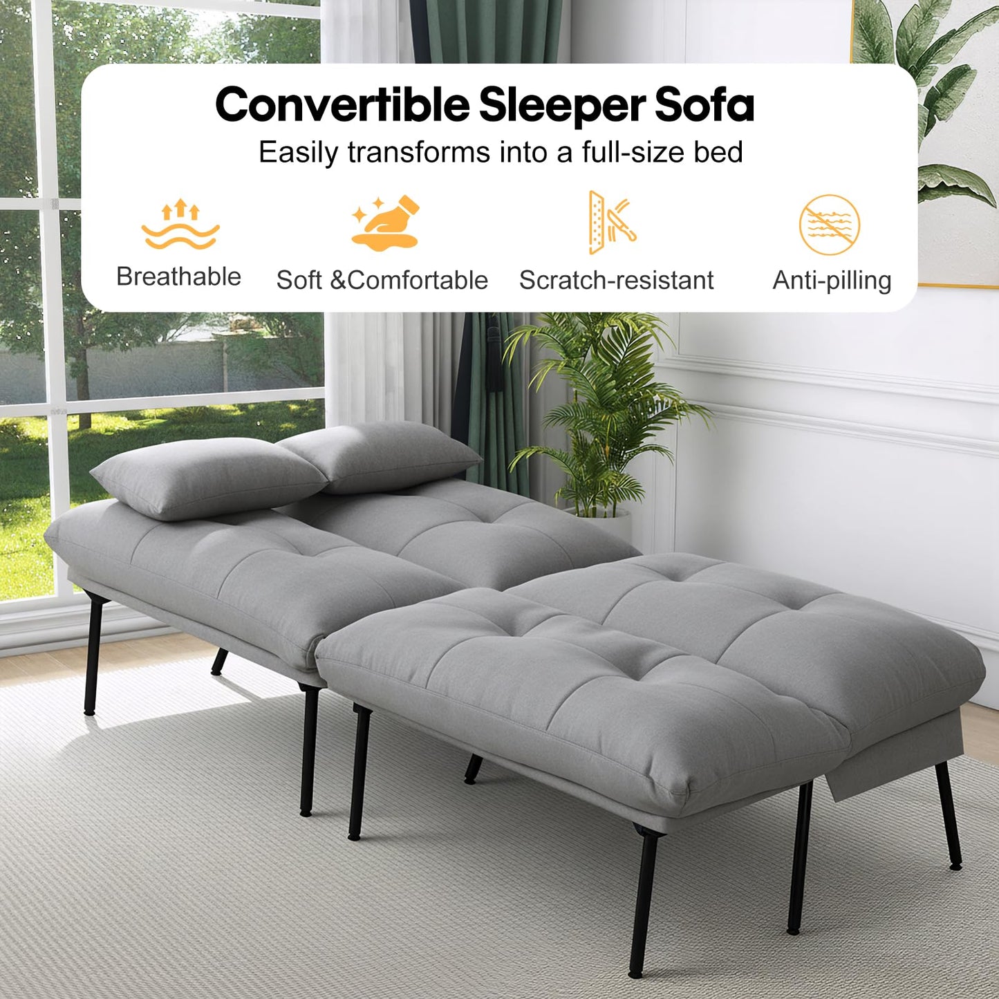 Panana Fabric 3 Seater Sofa Bed, 5-Gear Back Angle Adjustable Futon Sofa for Living Room/Guest Room (Grey)