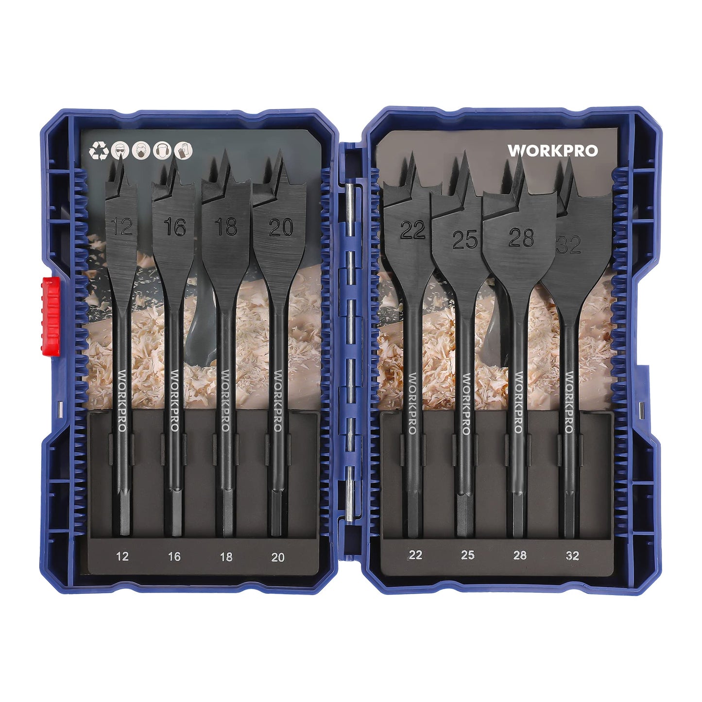 WORKPRO 8pcs Flat Wood Drill Bit Set for Wood Drill Bits Set 6.35mm 12mm 16mm 18mm 20mm 22mm 25mm 28mm 32mm Storage Case