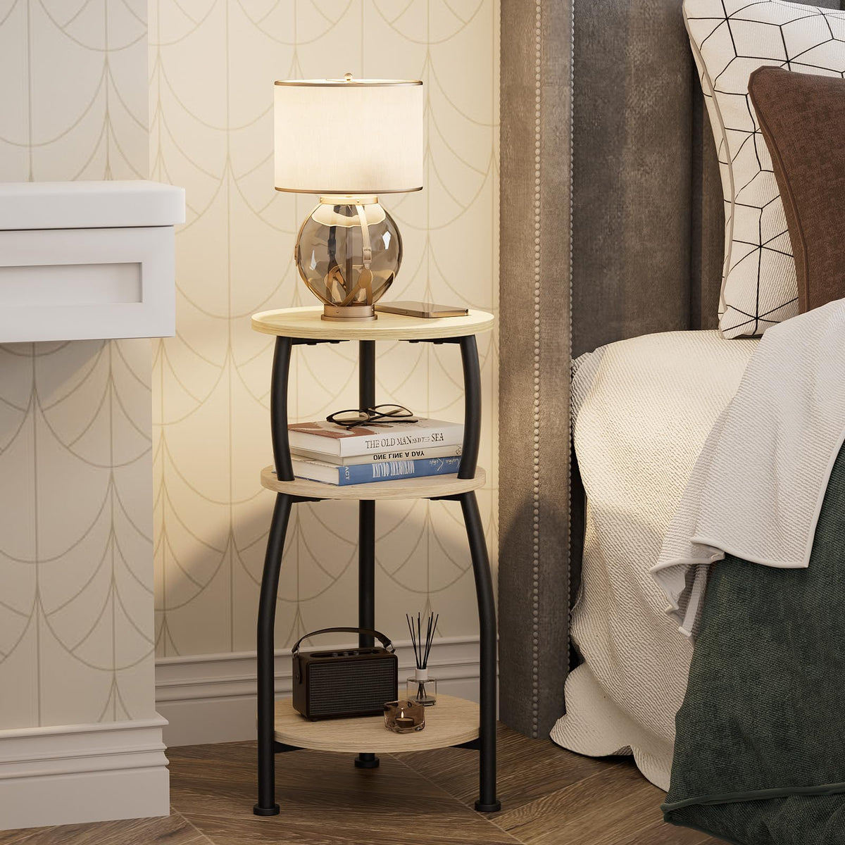 Yuede Round Side Table, 3 Tier Slim Round Coffee Table, Small End Table with Storage Shelf, Bedside Table, for Living Room, Bedroom, Small Space