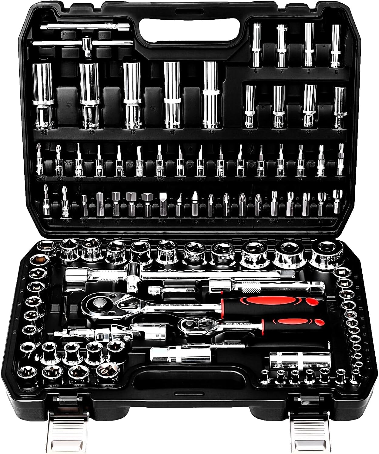 TLGREEN 108-Pieces 1/4" and 1/2" Drive Sockets Set, 72 Teeth Reversible with Quick Release, CR-V Deep Sockets Kit with Extension Bar, Coupler, Ratchet