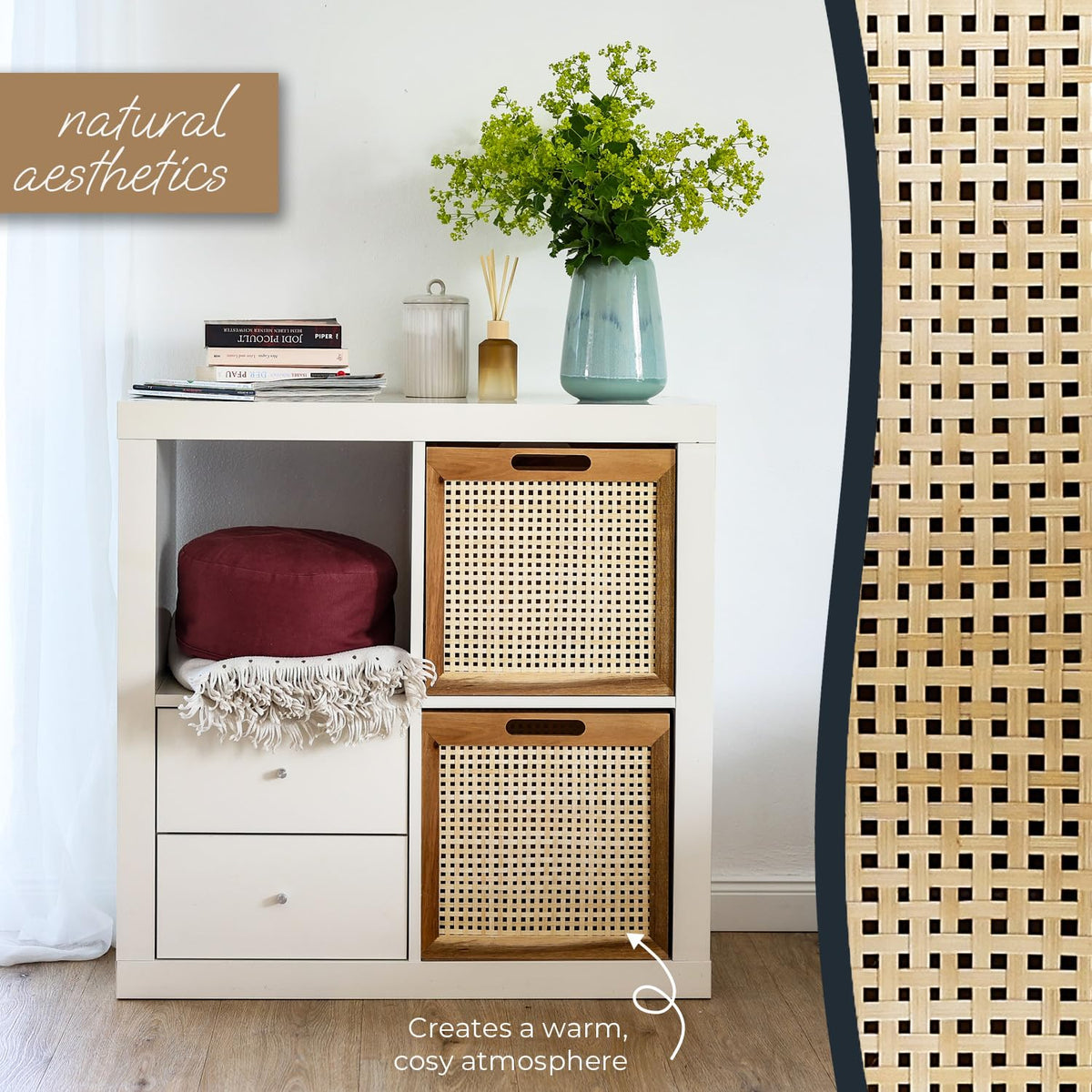 HMF Storage basket suitable for Kallax shelves, basket made of rattan with Viennese wicker and acacia wood, pattern 3, 32 x 34 x 32 cm