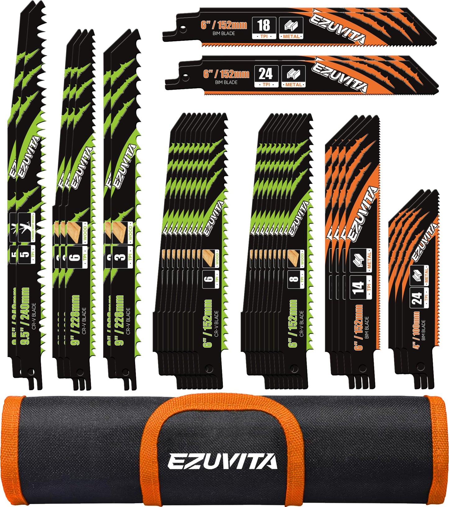 EZUVITA 36-Piece Reciprocating Saw Blade Set with Organizer Pouch - Metal&Wood Cutting, Pruning Saw Blades