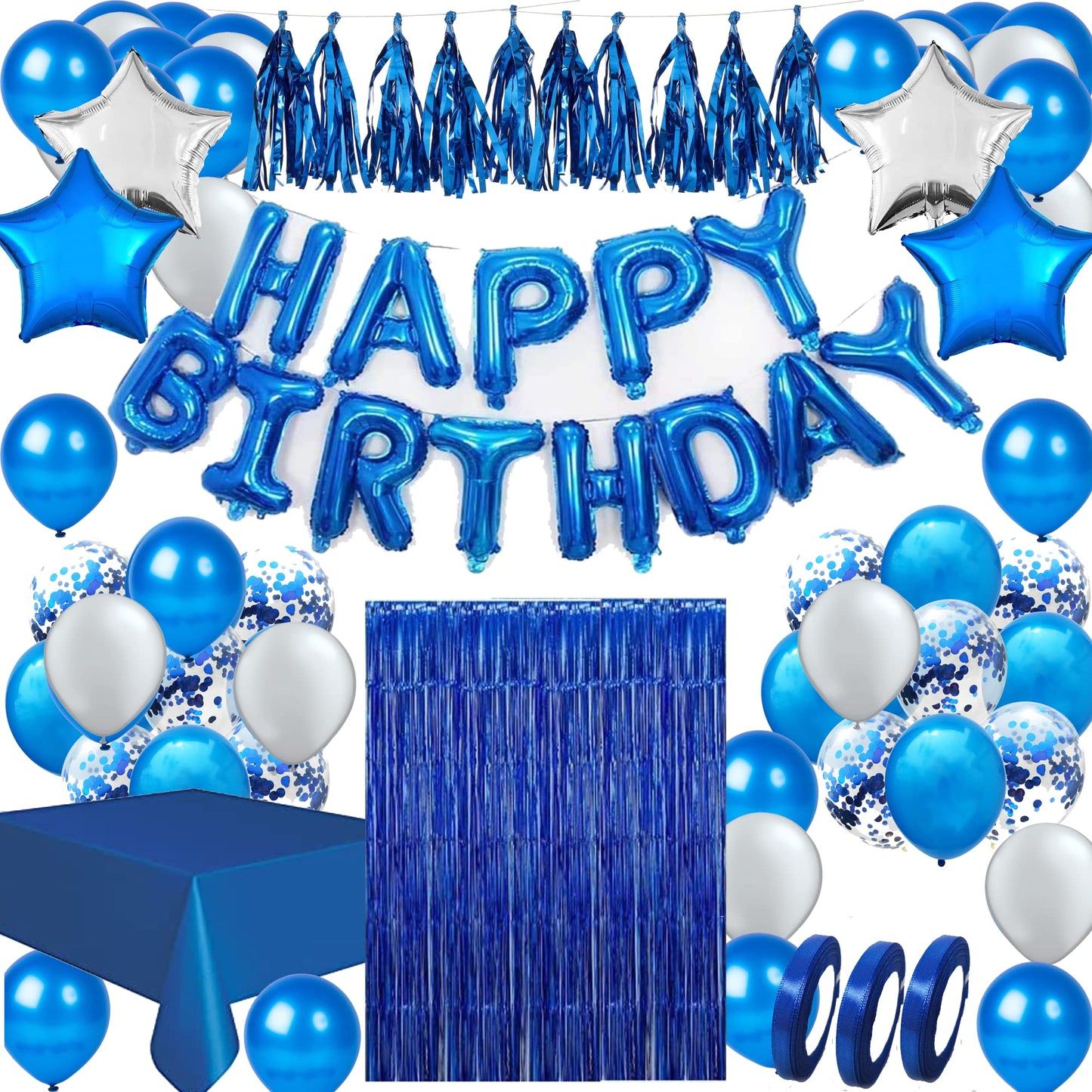 Areebz 82pc Blue Birthday Party Decorations Happy Birthday decoration banner Latex Confetti Star Heart foil Balloons tassel curtain tablecloth for