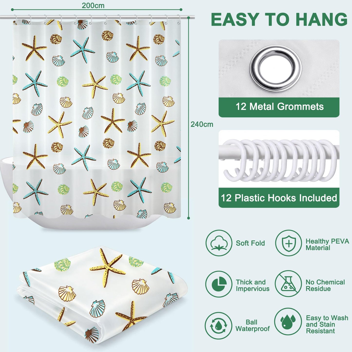 Vllcsla Shower Curtains Mould Proof Resistant Bathroom 240drop, 200x240 cm, Blue Extra Long PEVA Bathroom Bathtub Curtains