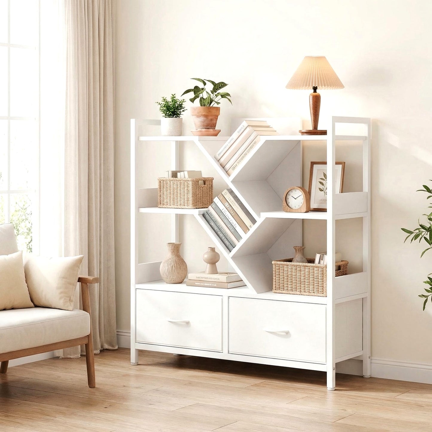 IRONCK White Bookshelf with 2 Drawers & Wheels, Cube Bookcase 100x32x104 cm