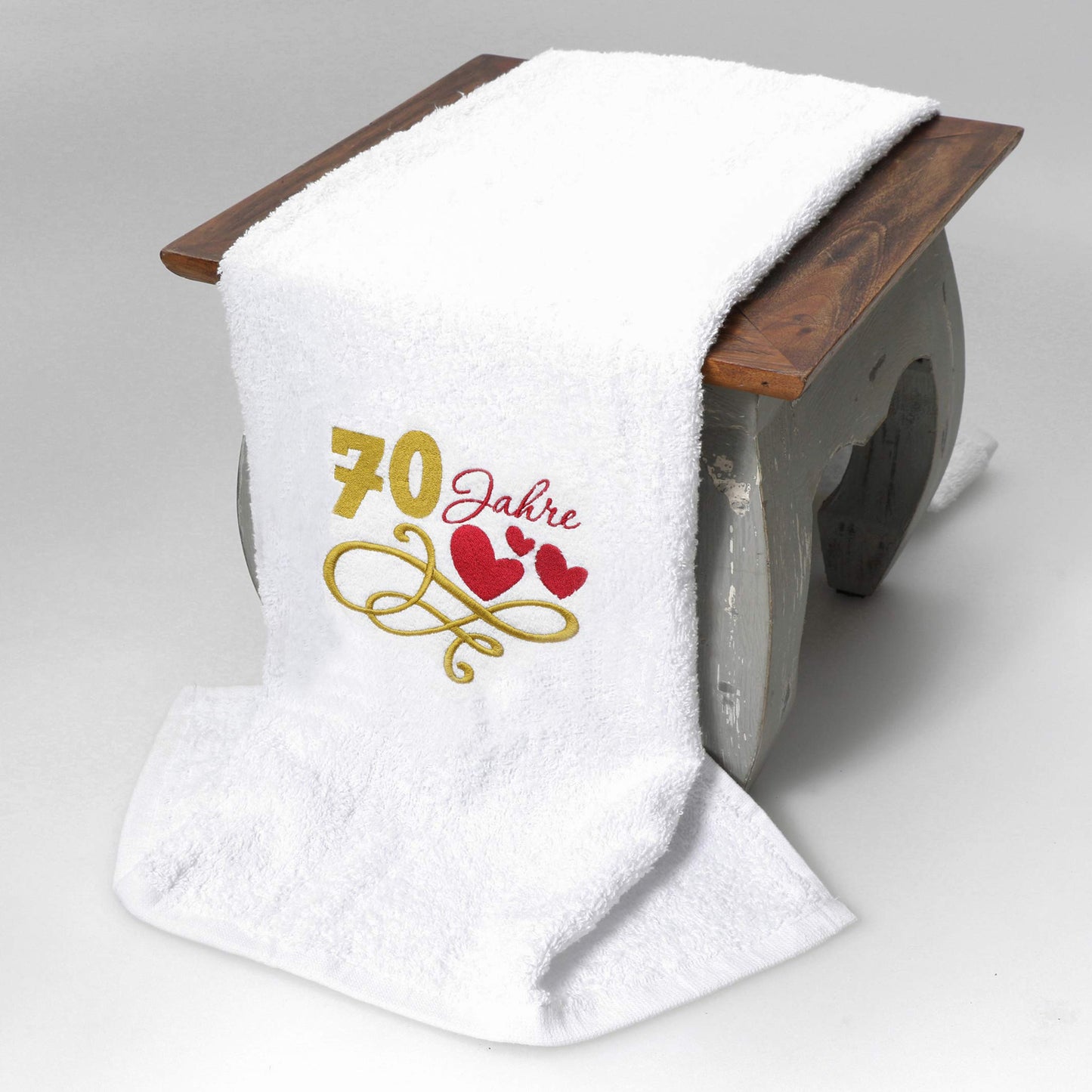Gift Towel for 70th Birthday with Embroidered Hearts and 70 Years for Women and Ladies - 70th Anniversary Gift Idea