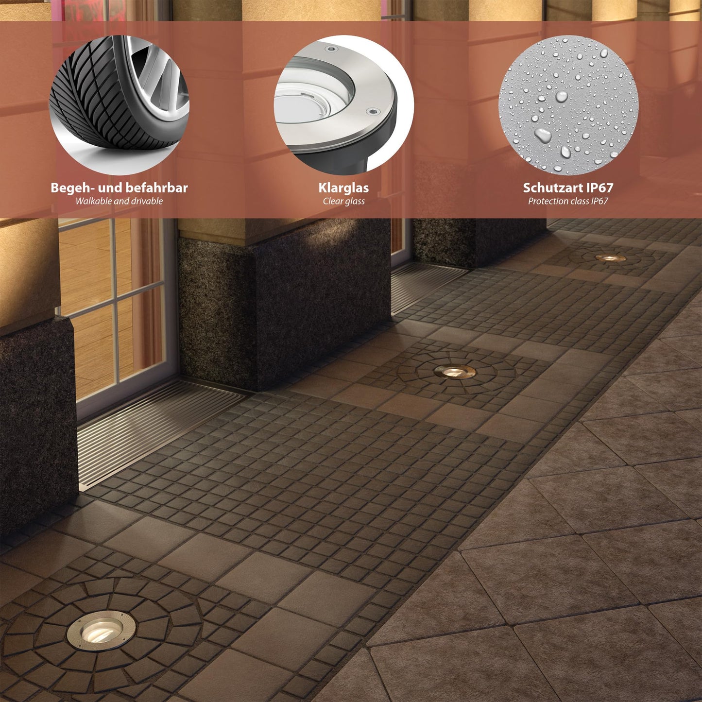 ledscom.de Recessed Floor Light BOFU for Outdoor, IP67, Swivel, Stainless Steel, Round, 150mm , 1x GU10 max. 15W, Led, Outdoor, Garden, Exterior,