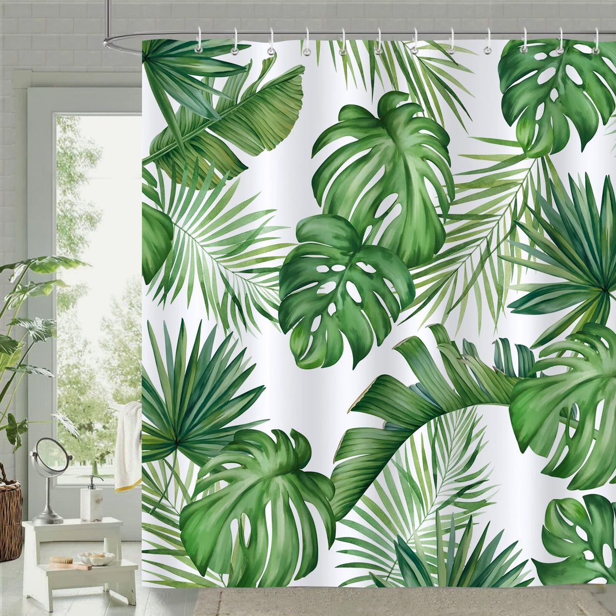 Bonhause Tropical Leaves Shower Curtain 180 x 180 cm Green Palm Leaf Bathroom Curtain Mildew & Mould Resistant Polyester Fabric Bath Curtain with 12