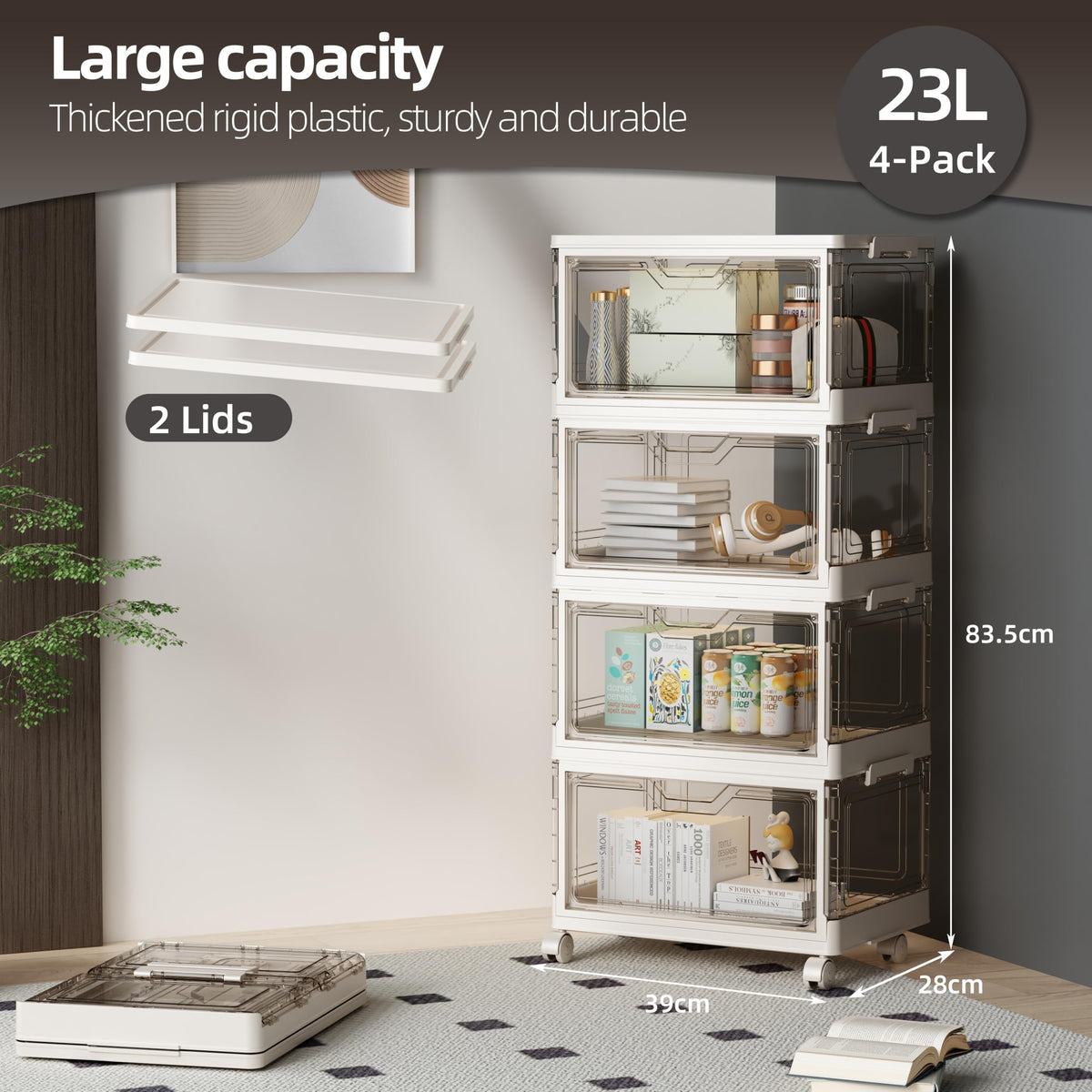 NETEL Storage Boxes With Lids, Stackable Storage Boxes 23L*4 Tier&2 Lid, Transparent Plastic Storage Boxes with Wheels