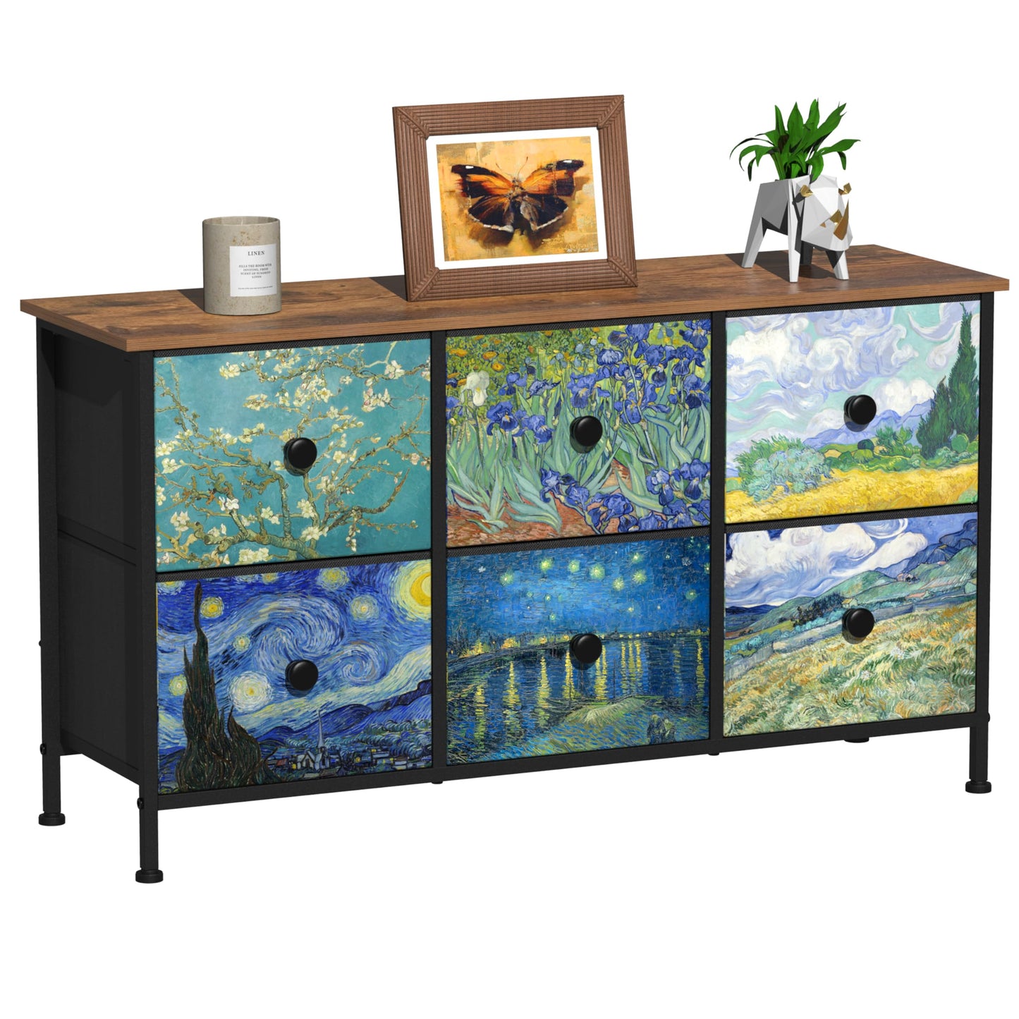 VEDECASA Dresser Bedroom with 6 Fabric Drawers Wide Dressers & Chests of Drawers Van Gogh TV Stand with Wood Top Metal Framed for Girls Boys Bedroom