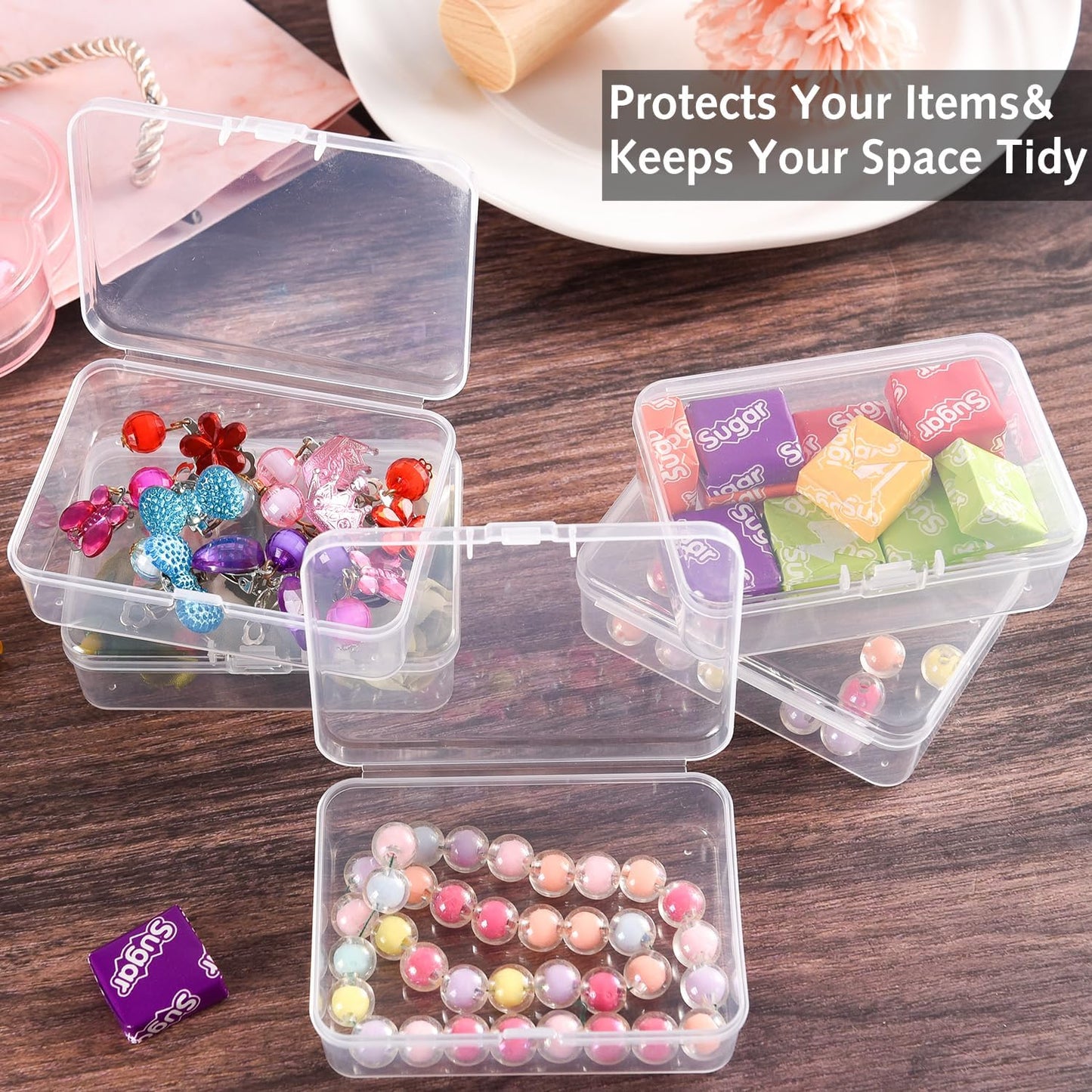 Ezranova 5 Pieces Storage Boxes with Lid,Rectangular Empty Mini Clear Plastic Organizer Storage Box Containers with Hinged Lids for Small Items Beads