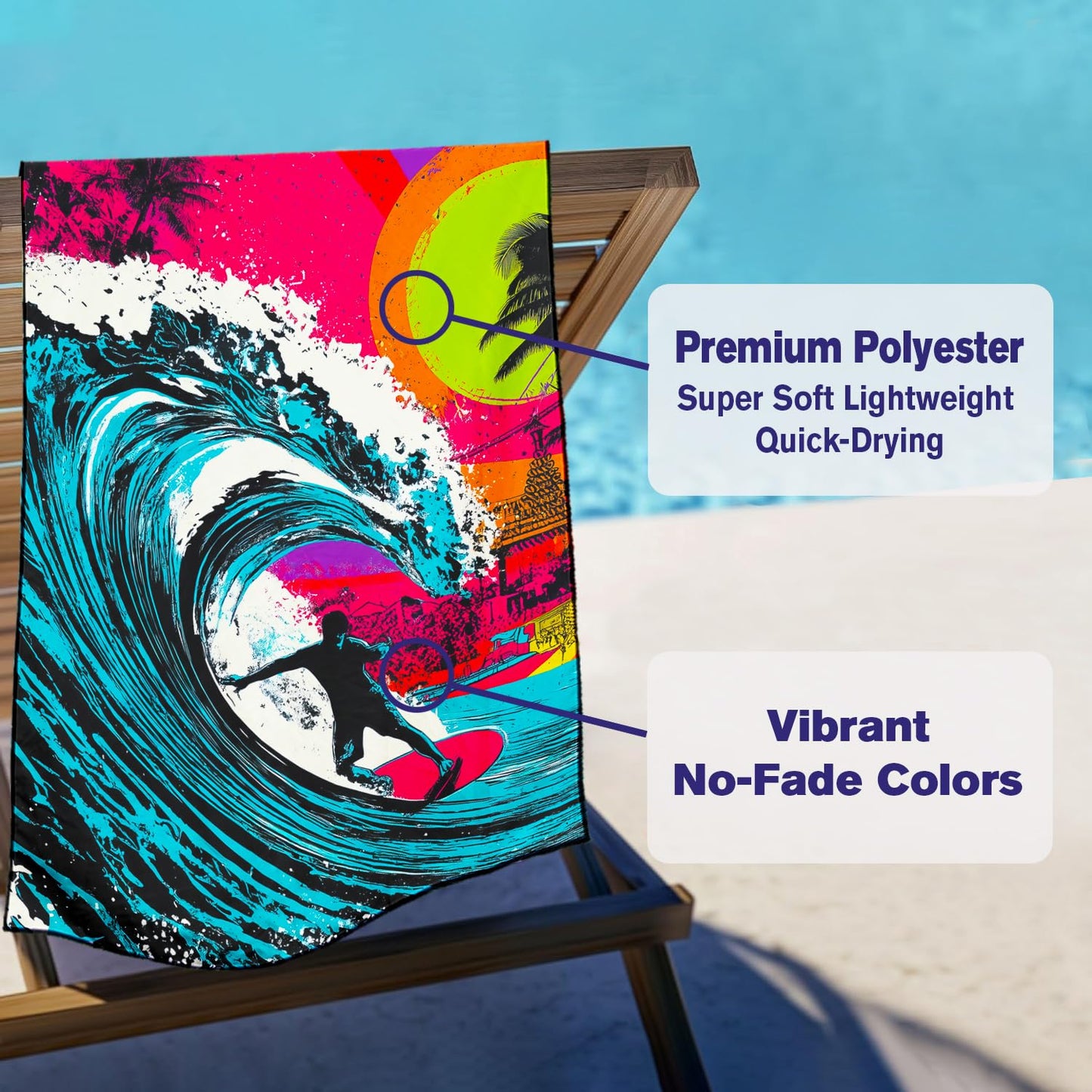 Violetpos Neon Surfer Beach Towel, Extra Large 180x90 cm 250GSM Microfibre, Sand Free Quick Dry