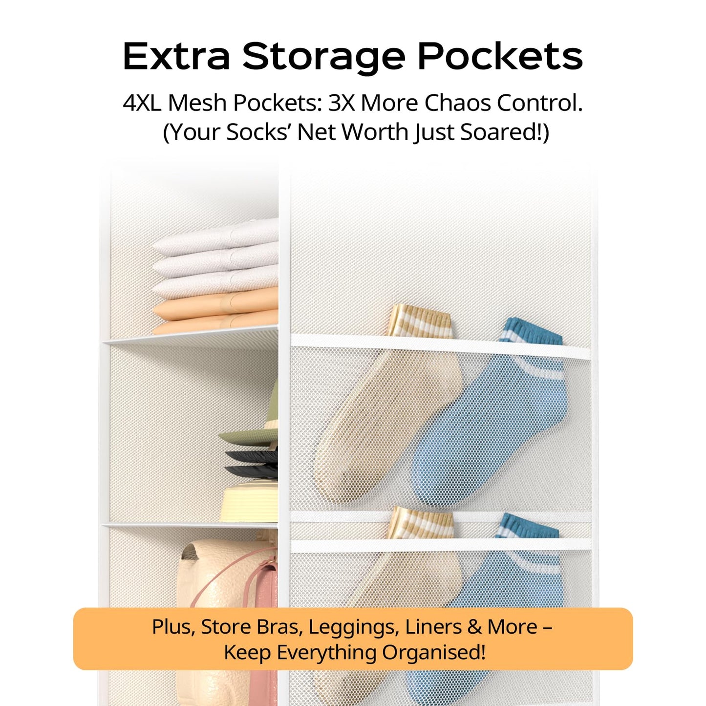 ALLTIDYUP Extra Deep Hanging Wardrobe Organizer – 5-Shelf Closet Storage with Large Mesh Pockets, Heavy-Duty Clothes Organizer, Perfect for Dorms
