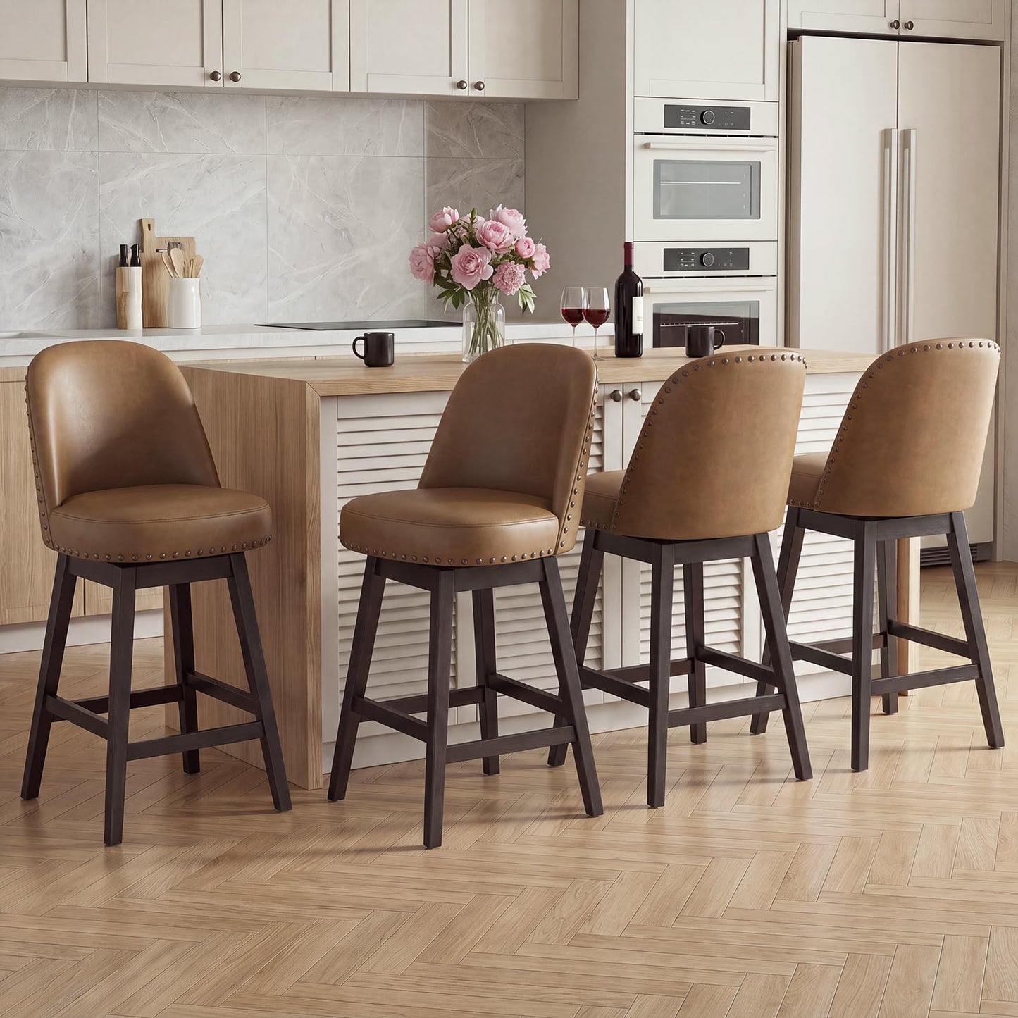 Bar Stools Set of 4, 360° Swivel Counter Stools with Upholstered Seat, Wooden Frame & Nailhead Trim