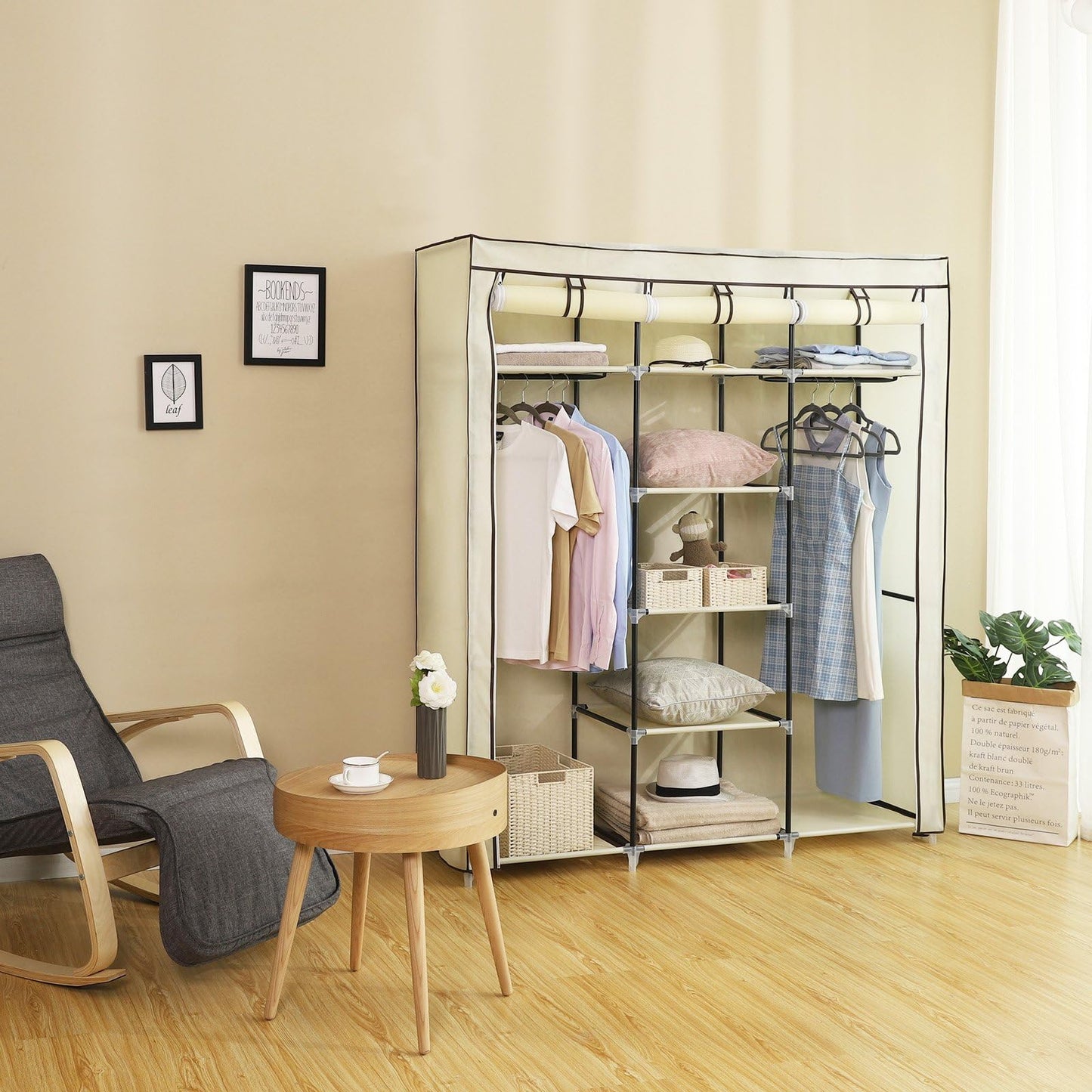 Songmics Folding Wardrobe, Fabric Closet, Foldable Wardrobe with 2 Clothes Rails, 175 x 150 x 45 cm, Beige RYG12M