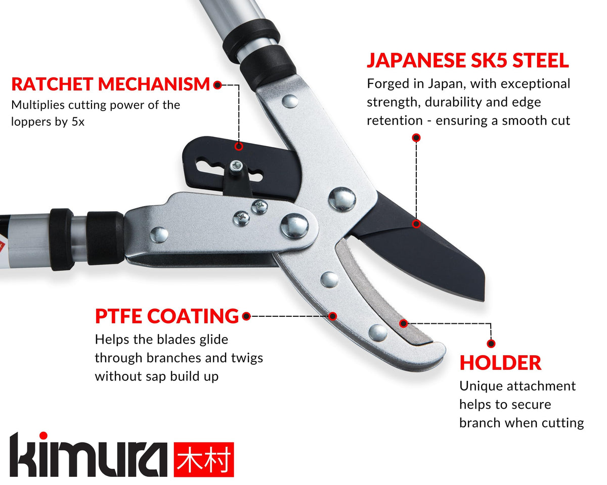 Kimura? Pro Heavy Duty Garden Loppers - Premium Anvil Lopper with Advanced Ratchet Mechanism, Lightweight Telescopic Handles, Japanese SK5 Steel