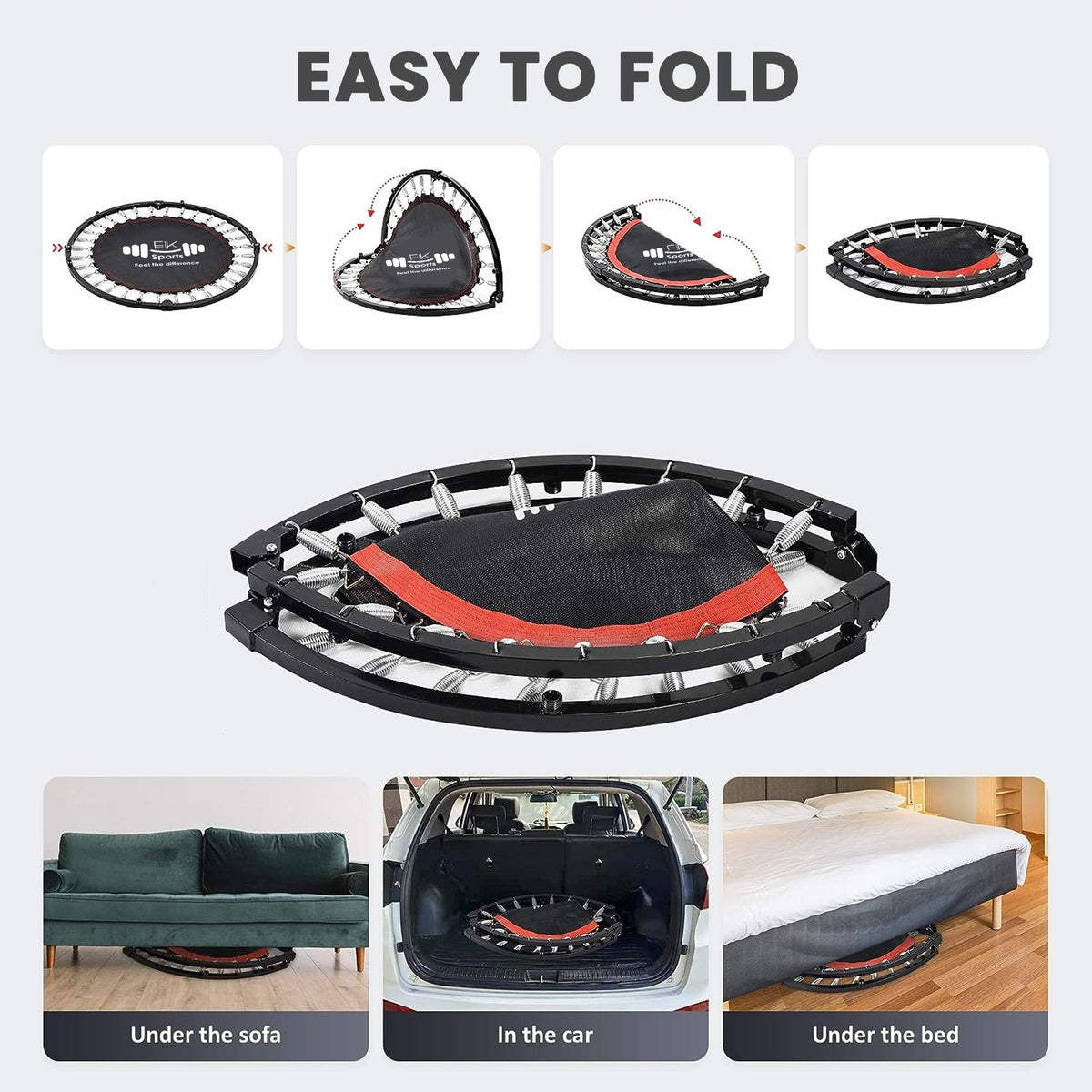 FK Sports Foldable Fitness Rebounder Trampolines, 48" and 40" Foldable Mini Trampoline with U Bar Handle, Round Mini Fitness Trampoline a indoor