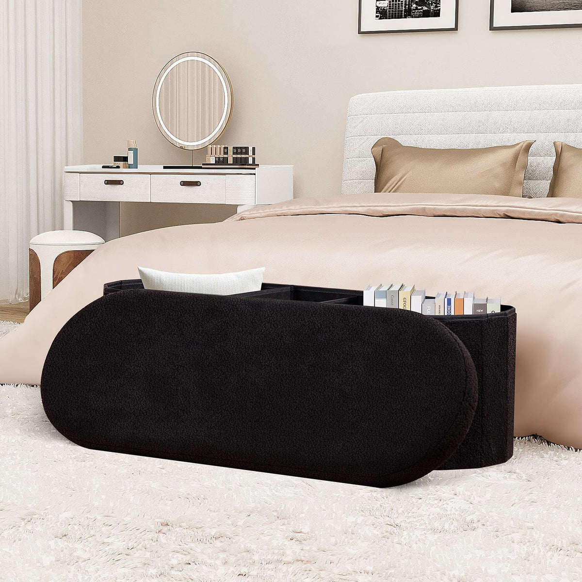 Bonlife Folding Ottoman Storage Bench,Boucle Footstool Oval, End of Bed Stool, Ideal for Living Room, Bedroom, 100L Storage Space,Black