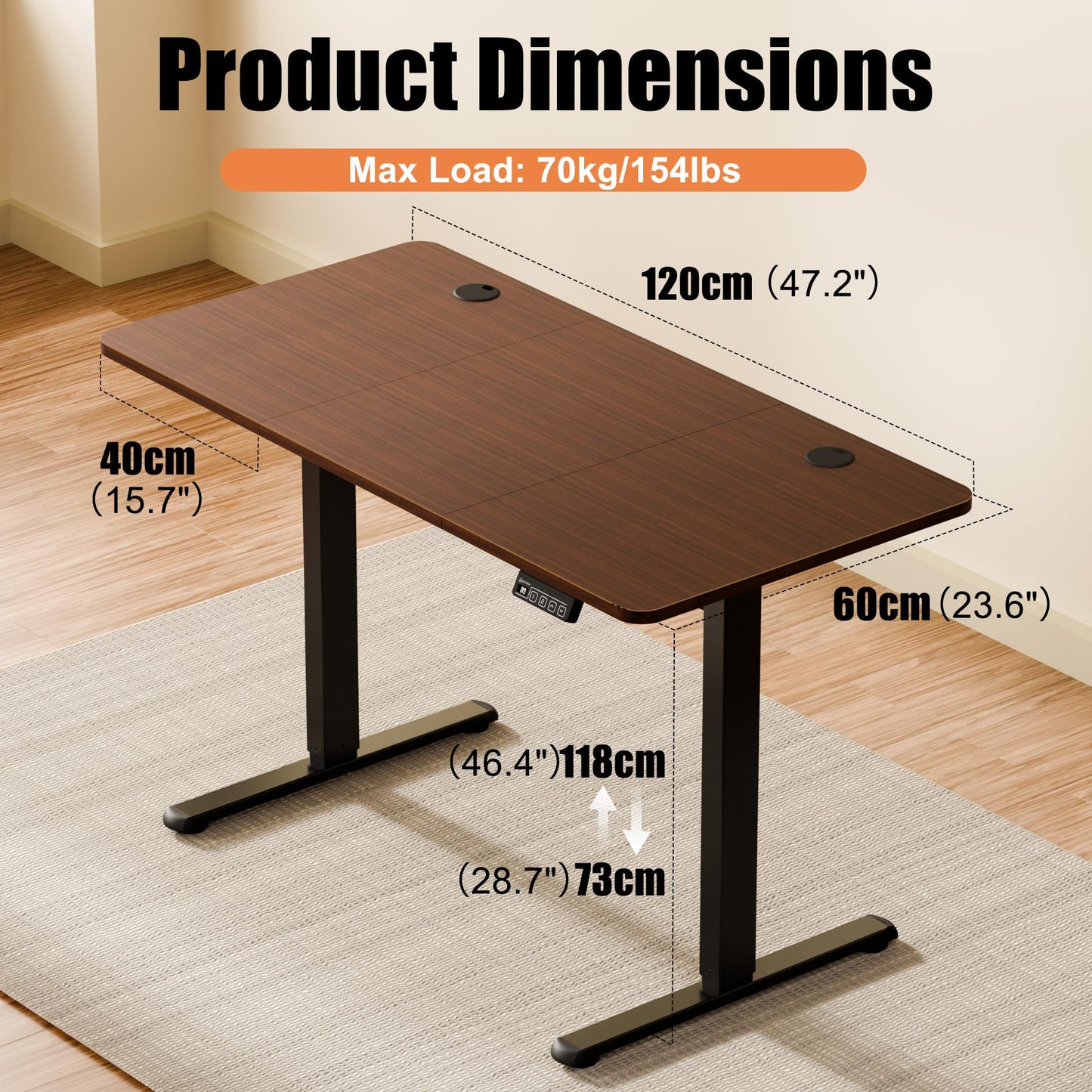 ERGOMAKER Electric Standing Desk 120x60cm, 2 Memory Presets, Black Walnut