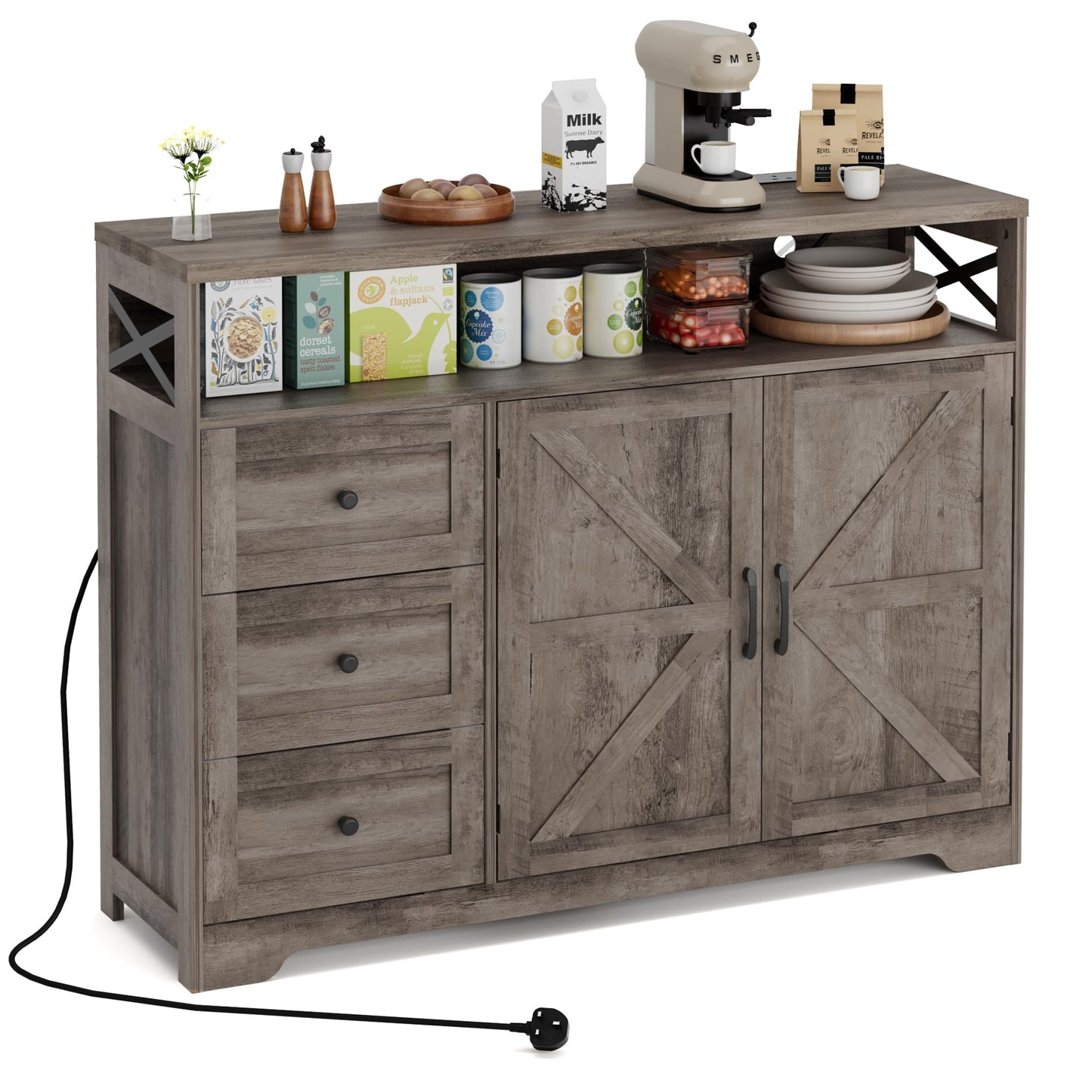 BonVache Sideboard Cabinet,Wooden Sideboard with Adjustable Shelf,3 Drawers and Open Shelf,Storage Cabinet for Living Room,Kitchen Storage Unit for