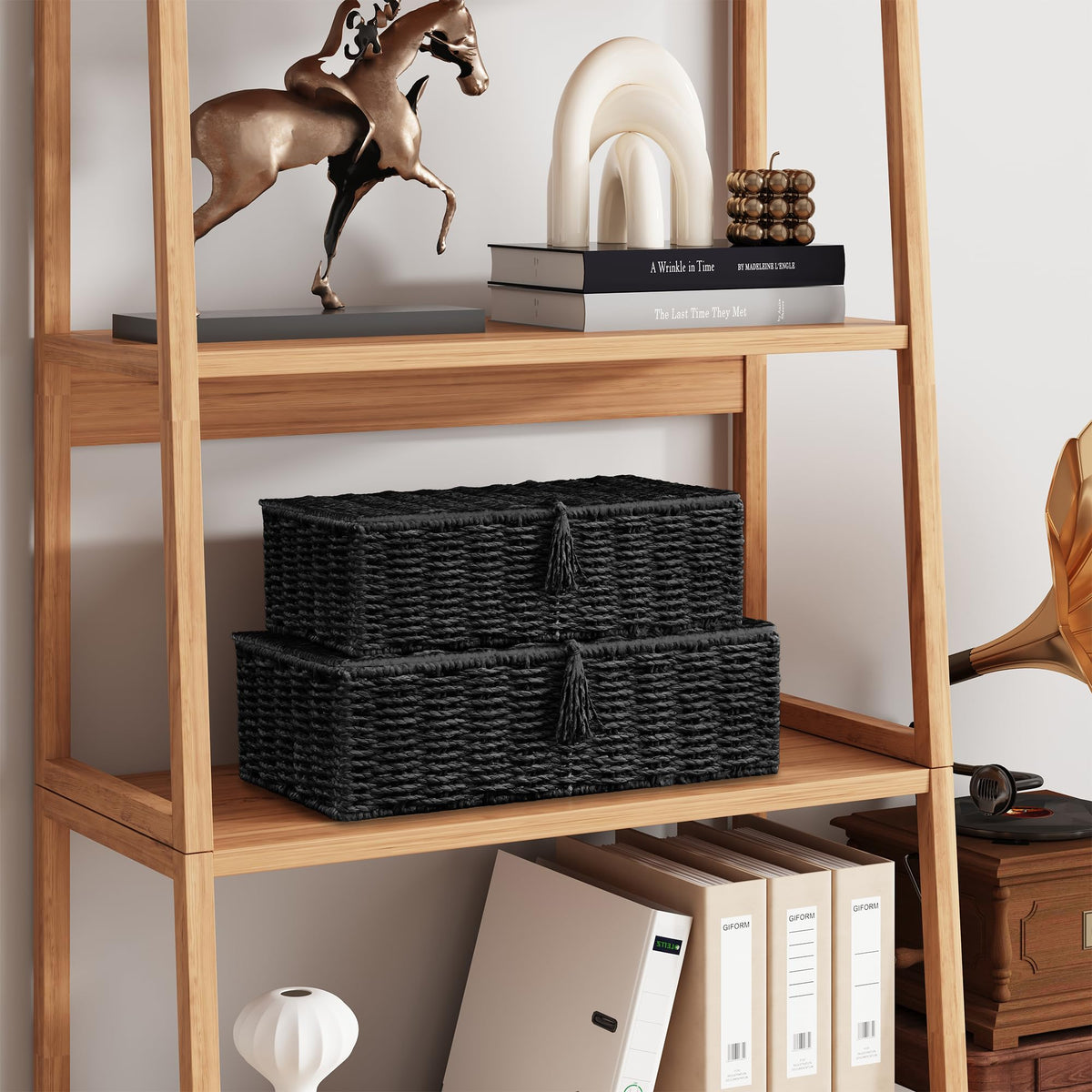 Vagusicc Storage Boxes with Lids, Handwoven Set of 2 Wicker Storage Baskets for Organizing, Nesting Storage Basket for Shelves