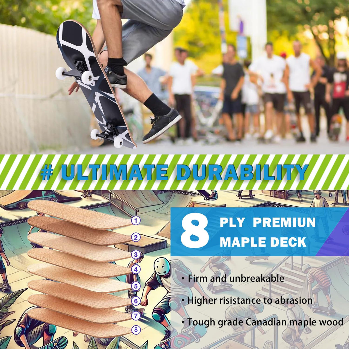 CLYCTIP Skateboards,31 x 8 inch Complete Skateboard for Beginners,8 Layer Maple Concave Cruiser Trick Skateboard for Teens and Adults (blackwhite)