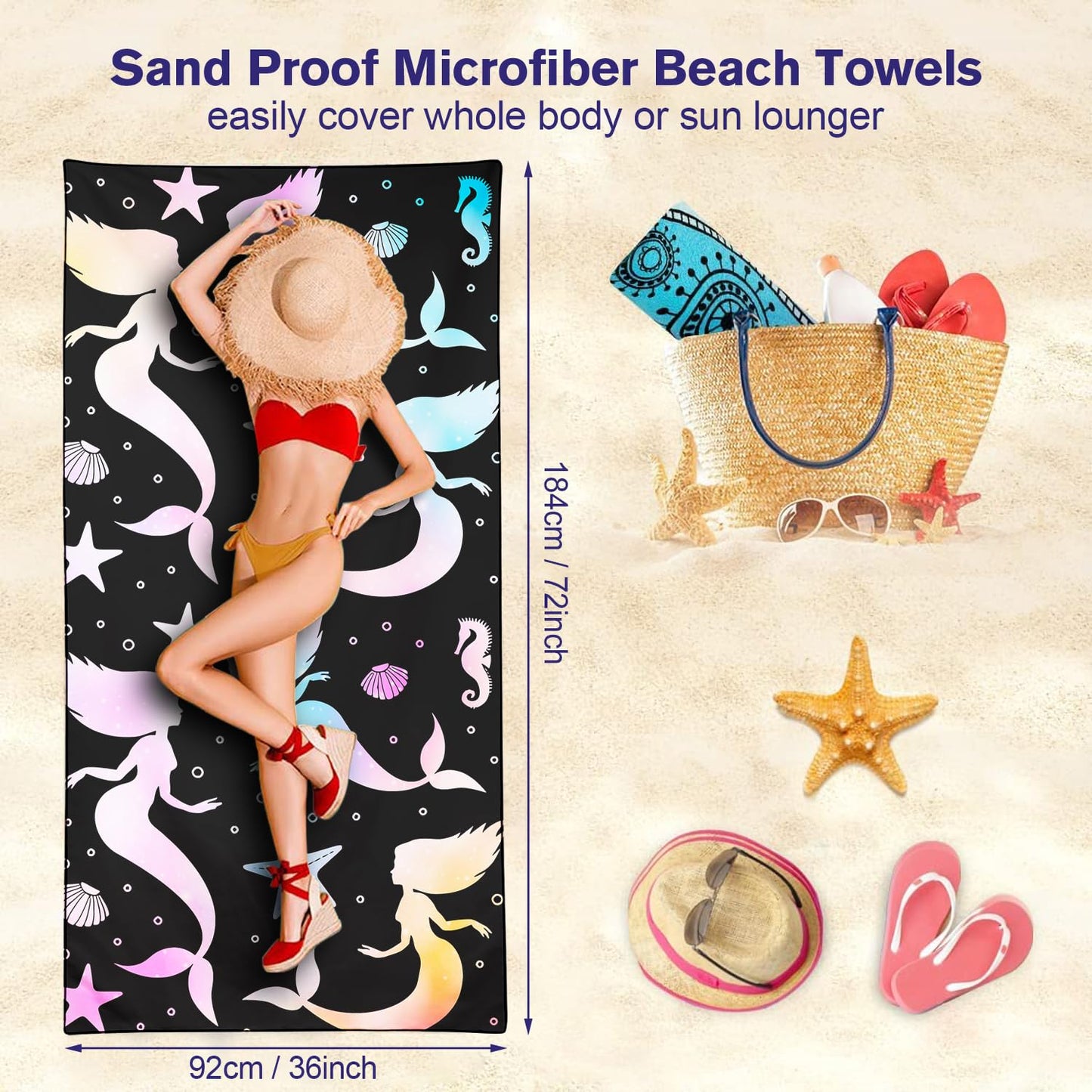 Violetpos Gradient Mermaid Silhouette Beach Towel, Extra Large 180x90 cm 250GSM Microfibre, Sand Free Quick Dry