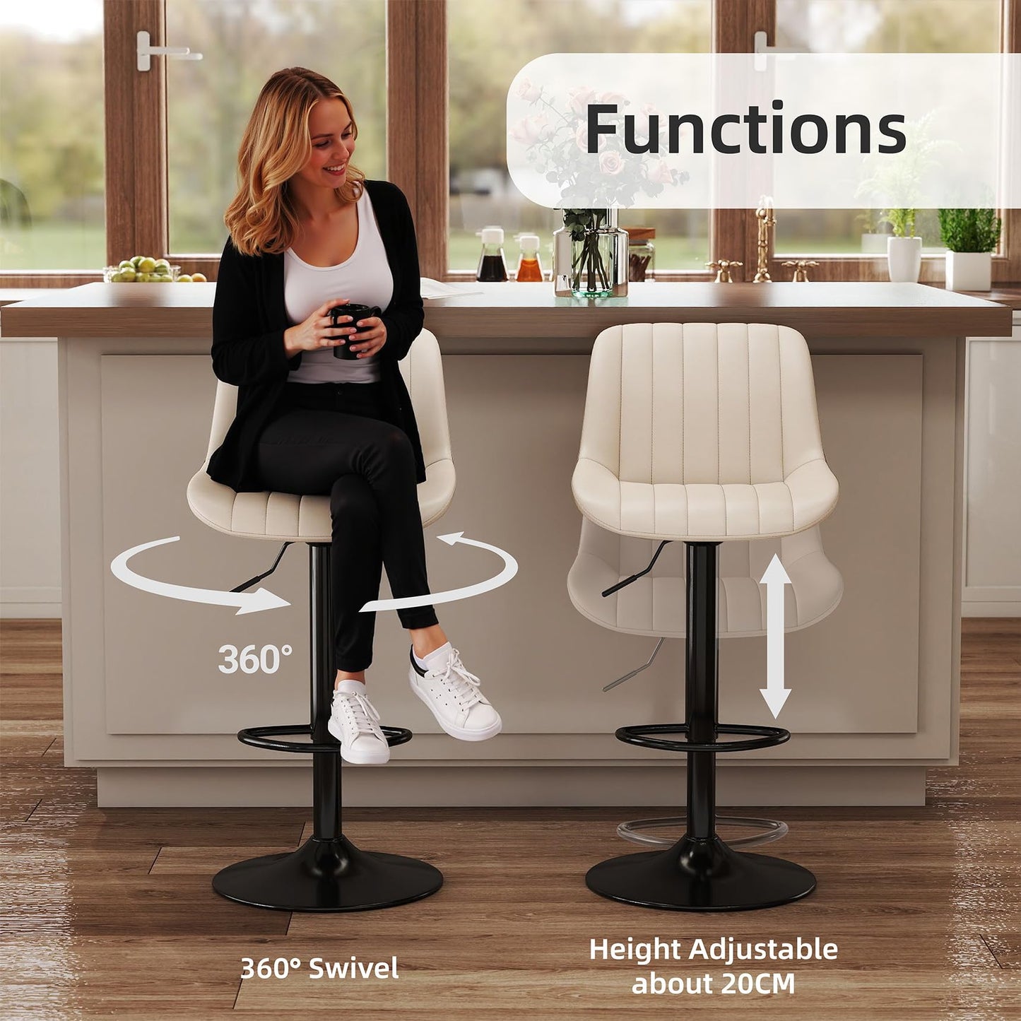 Youhauchair Bar Stools Set of 2, Swivel Counter Height Barstools with Back, Adjustable PU Leather Bar Stool, Modern Kitchen Breakfast Bar Stools