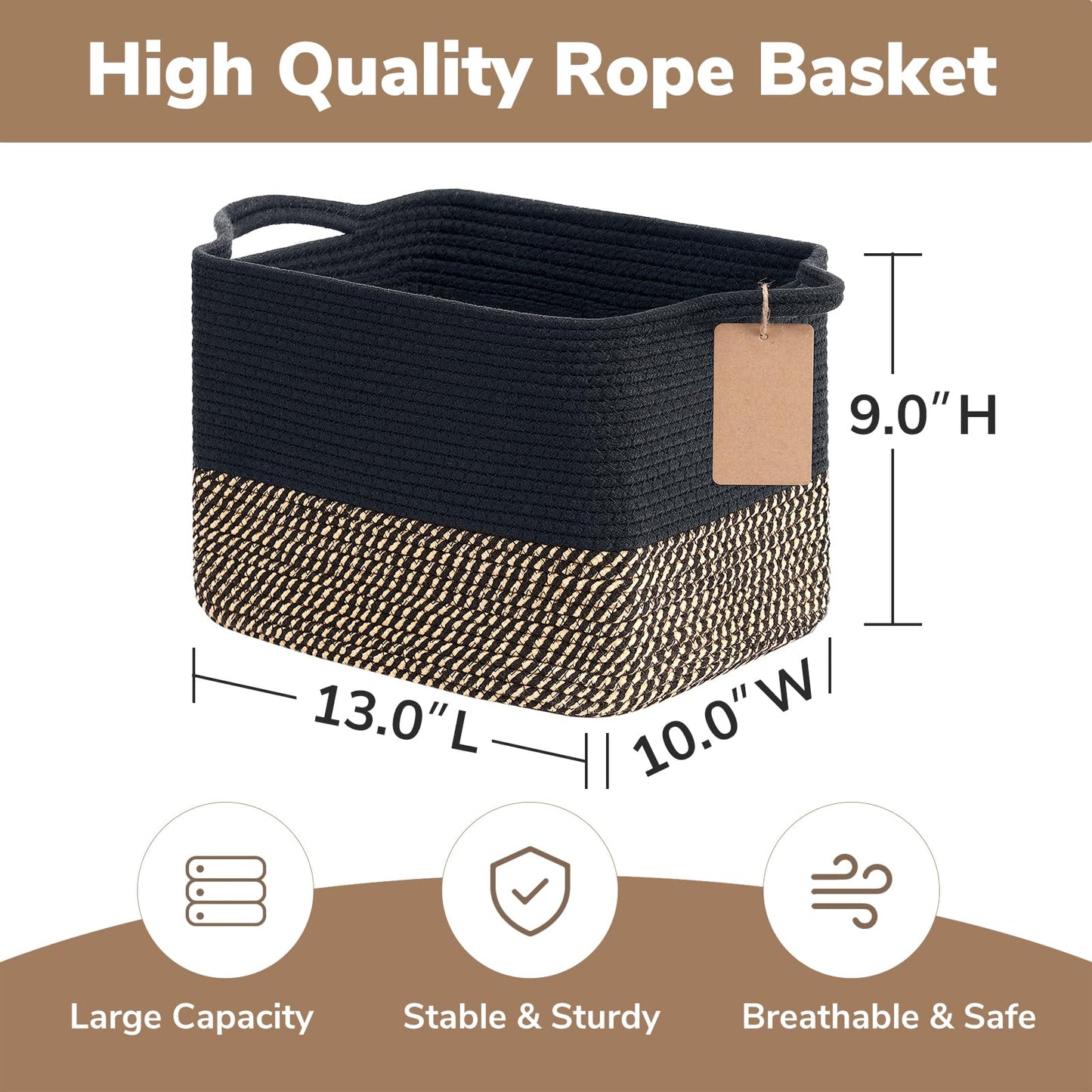 TIMEYARD Cotton Rope Storage Basket Square Shelf Basket Black Jute