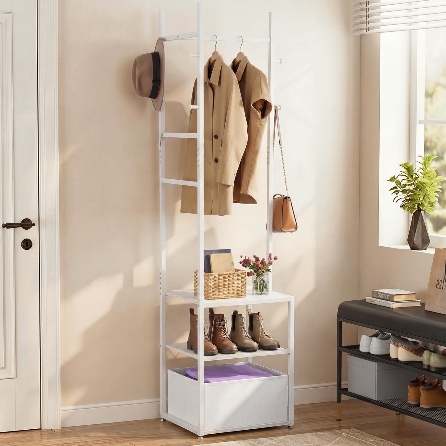 YITAHOME Coat Stand, Clothes Rack Hall Tree with Shelves & Hooks, White