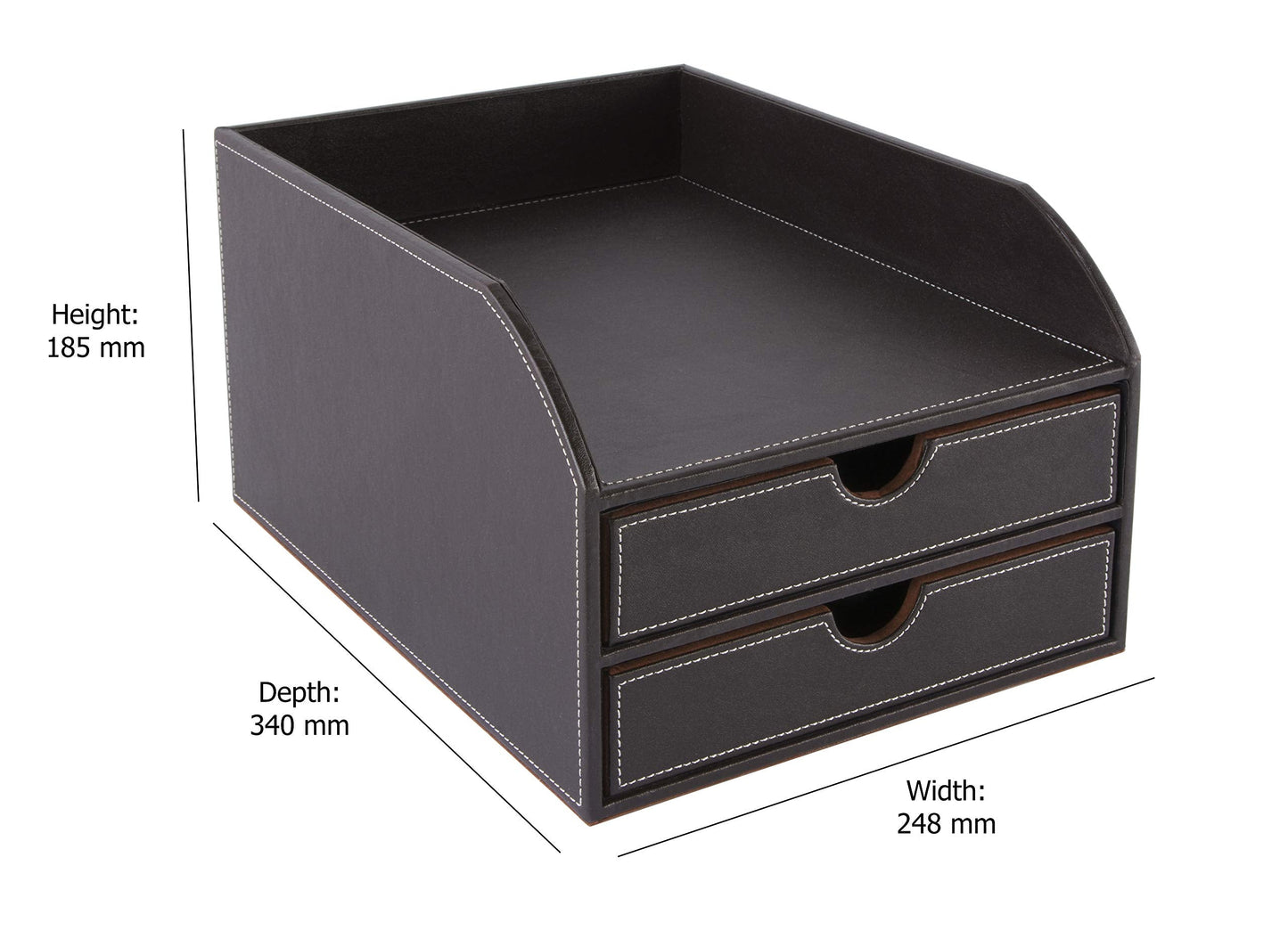 OSCO Brown Faux Leather 2 Tier Sorter with Letter Tray | A4 | Drawers | Desk Tidy | Document Storage | Paperwork Organiser | File Holder | 35 x 25 x