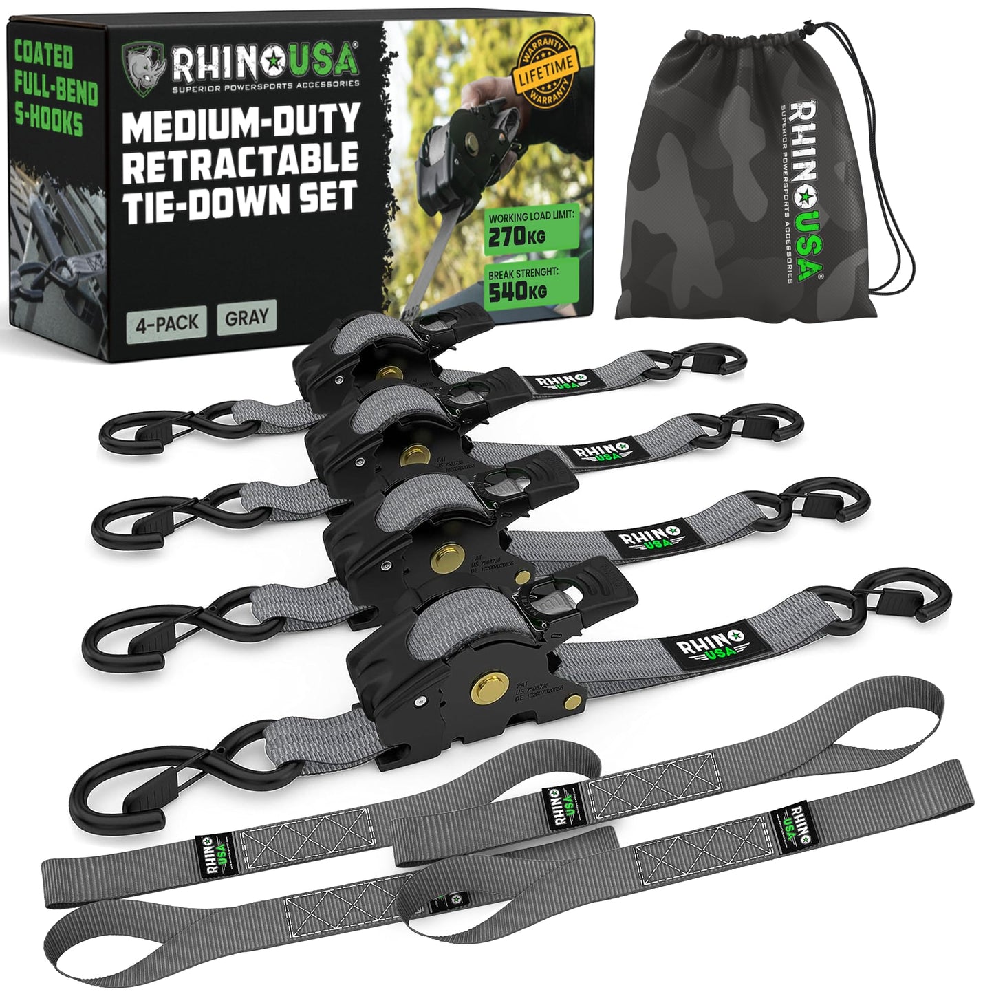 Rhino USA Retractable Ratchet Straps (4-Pack) - 2.5cm x 3m (540kg Break Strength) - Medium Duty Auto Self-Retracting Tie Down Straps for Truck, Cargo
