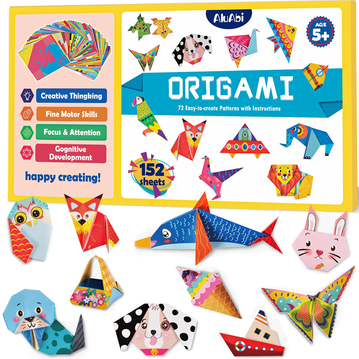 AluAbi Origami Kit for Kids Ages 6-12,152 Sheets Double Sided Origami Paper Set with Guiding Book,72 Patterns, Square Folding Paper,DIY Children's Art