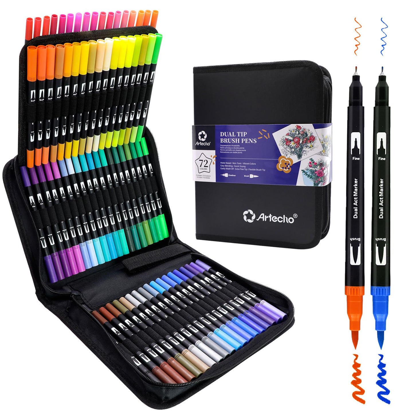 Artecho 72 Dual Tip Brush Pens with bag, Felt tip pens for adult colouring books, Colouring Pens for Adults, Calligraphy, Drawing, Sketching, Nylon