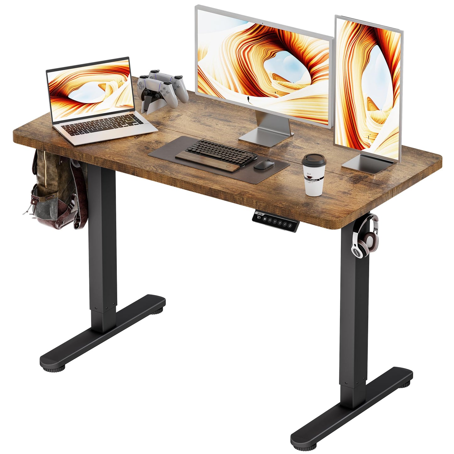 BIZUM Electric Standing Desk 120x60cm Gaming Desk 3 Memory with Splice Board, 70–115cm Lift, 2 Hooks, 80kg Load, Computer Workstation, Rustic Brown