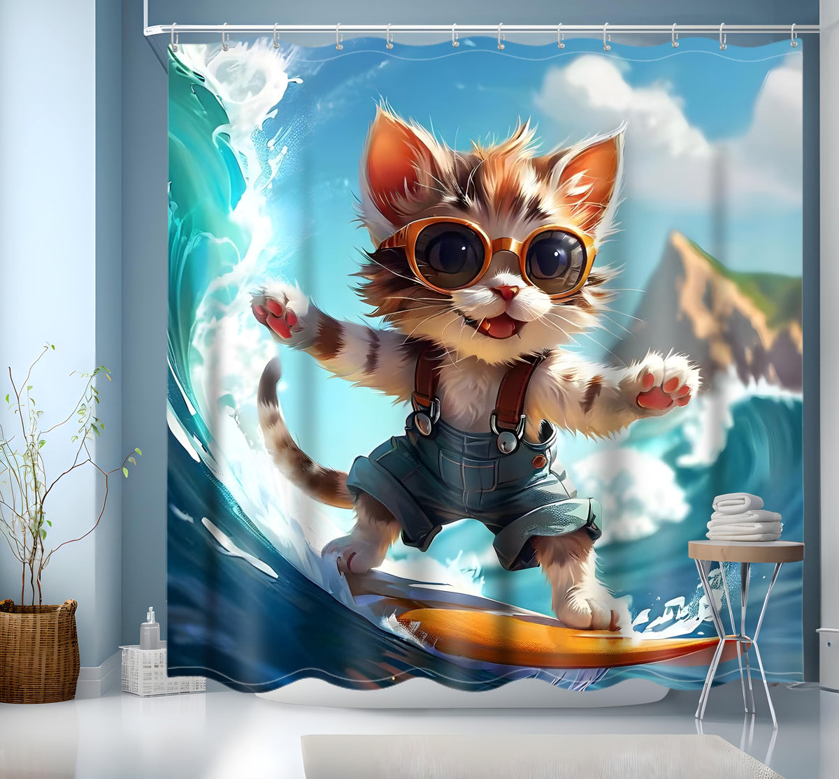 NEJLCTOROUS Funny Cat Shower Curtain 200x200cm, Cute Cartoon Bathtub Curtain, Sea Ocean Wave Bath Curtain,Polyester Waterproof Bathroom Curtains for