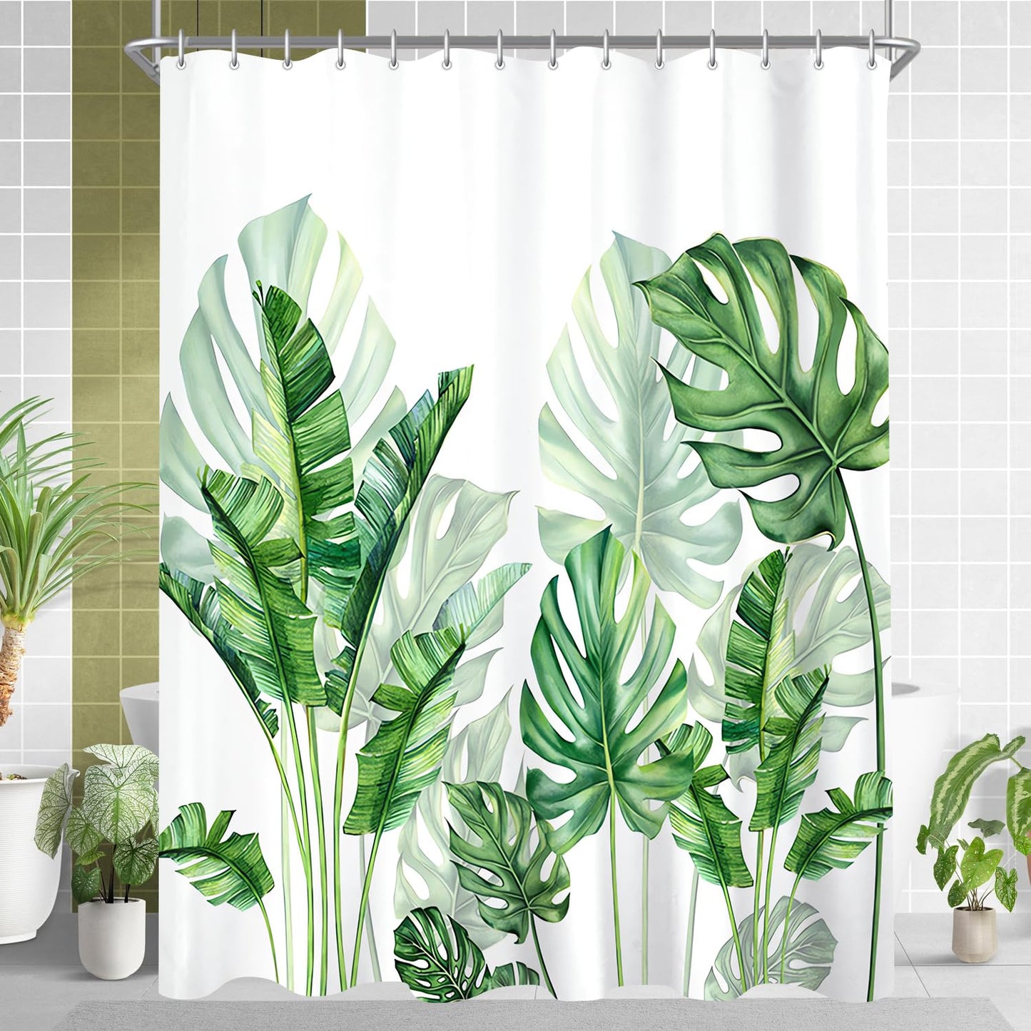 Lerores Shower Curtain, 180 x 170 cm, Green Leaves Weighted Hem, Anti-Mould Textile, Water-Repellent